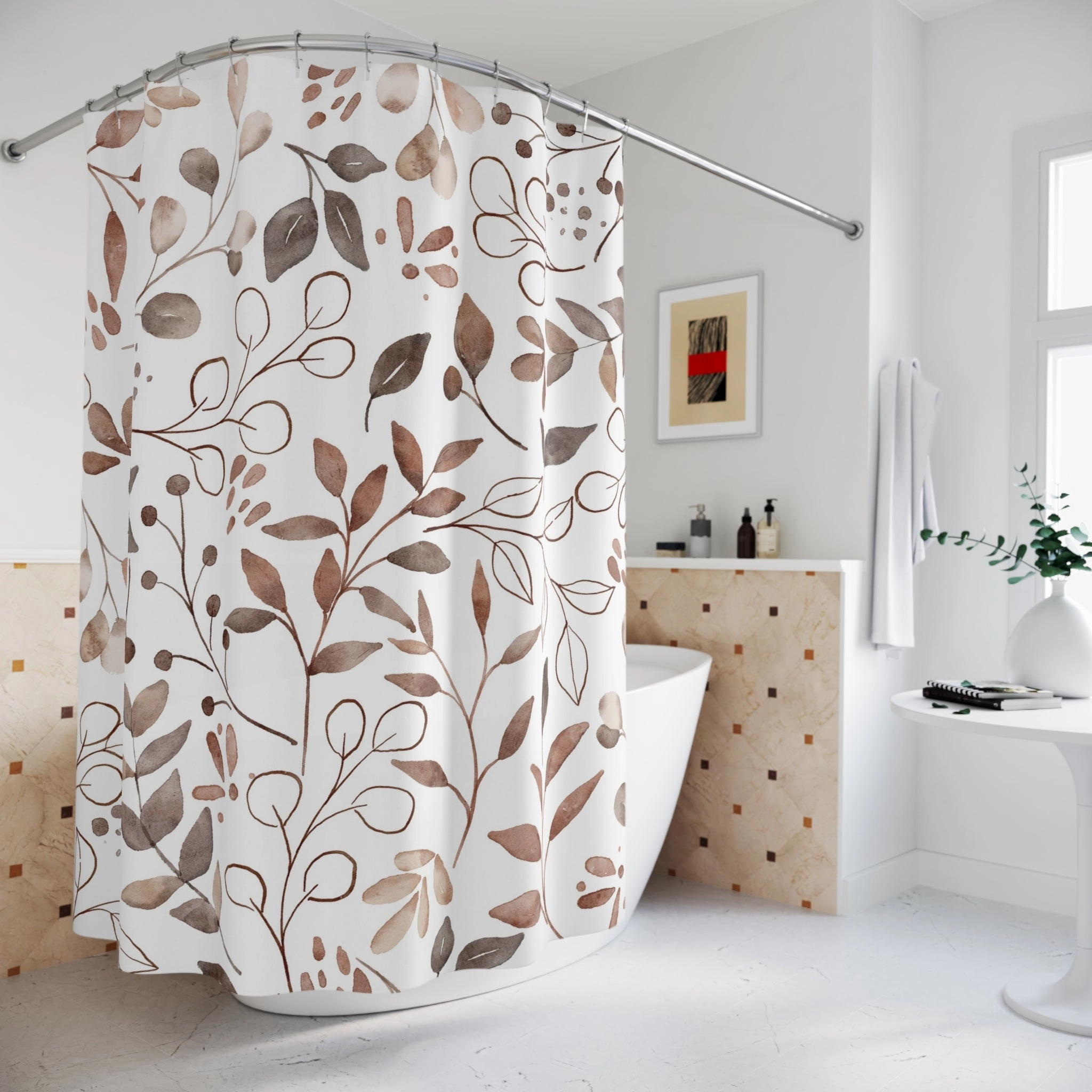 Boho Shower Curtain | Abstract Floral Leaves, Brown White