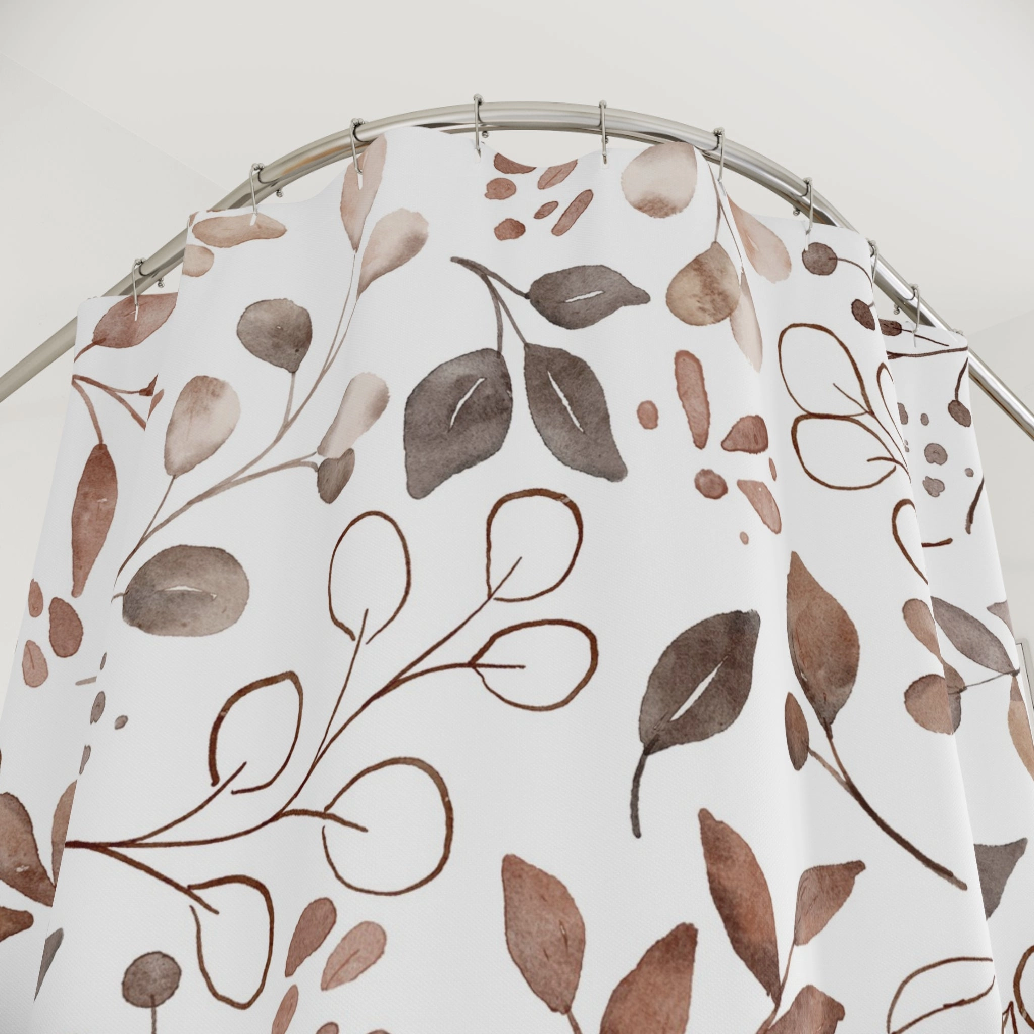 Boho Shower Curtain | Abstract Floral Leaves, Brown White