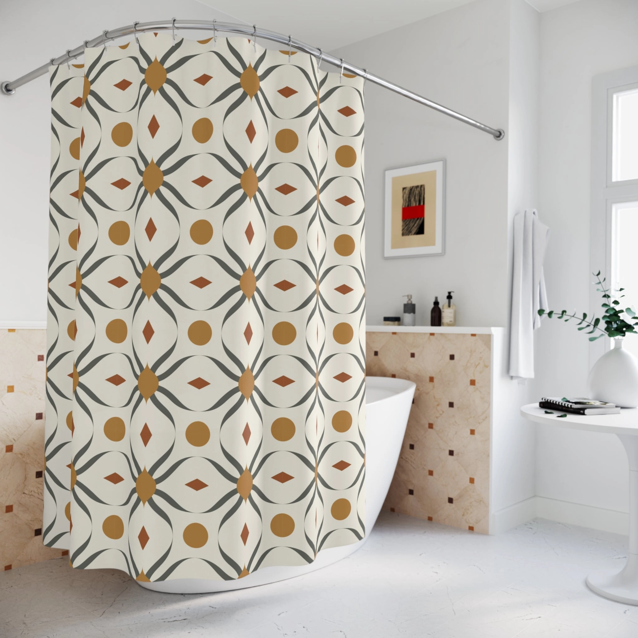 Boho Shower Curtain | Abstract Floral, Retro Beige Green