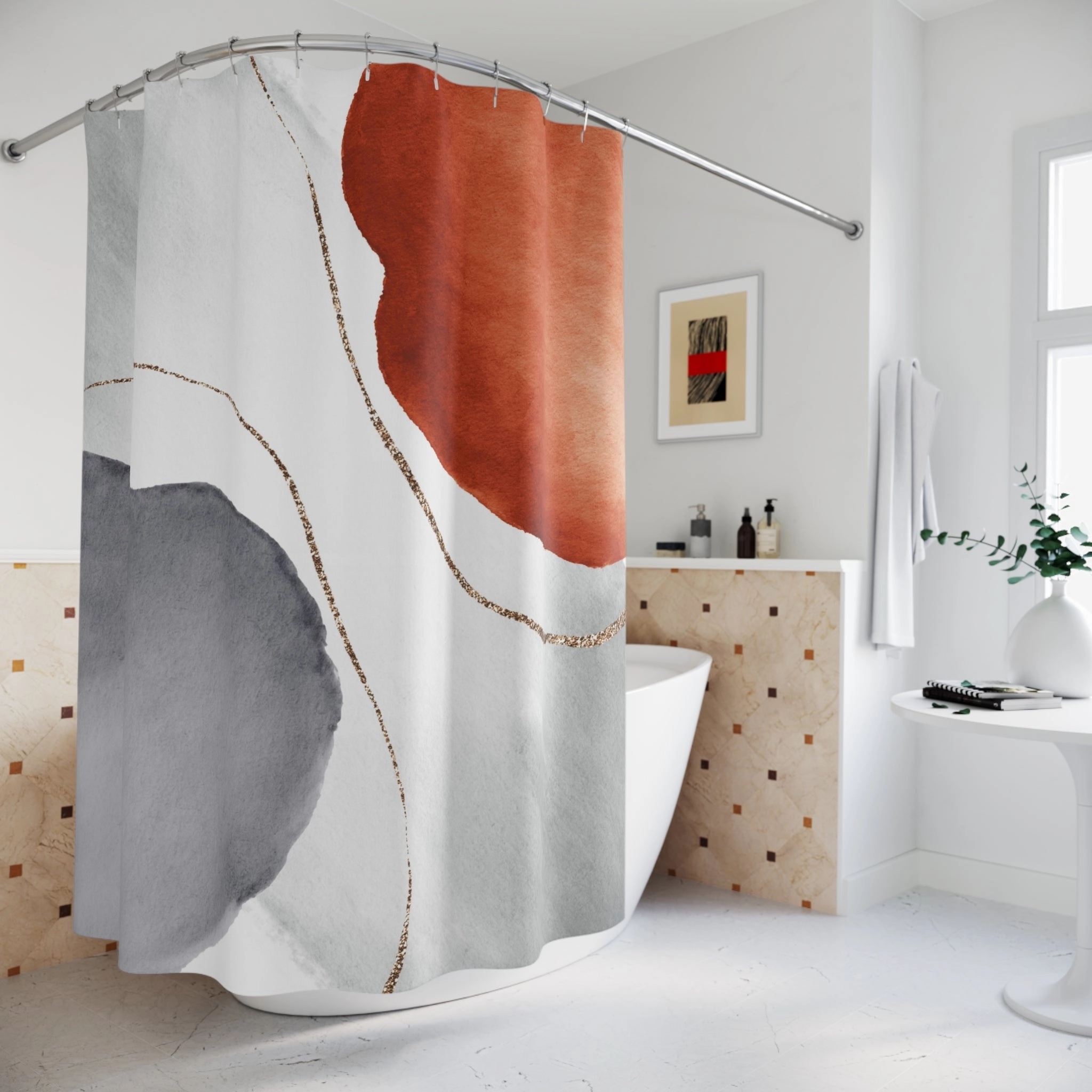 Boho Shower Curtain | Abstract Grey Burnt Orange