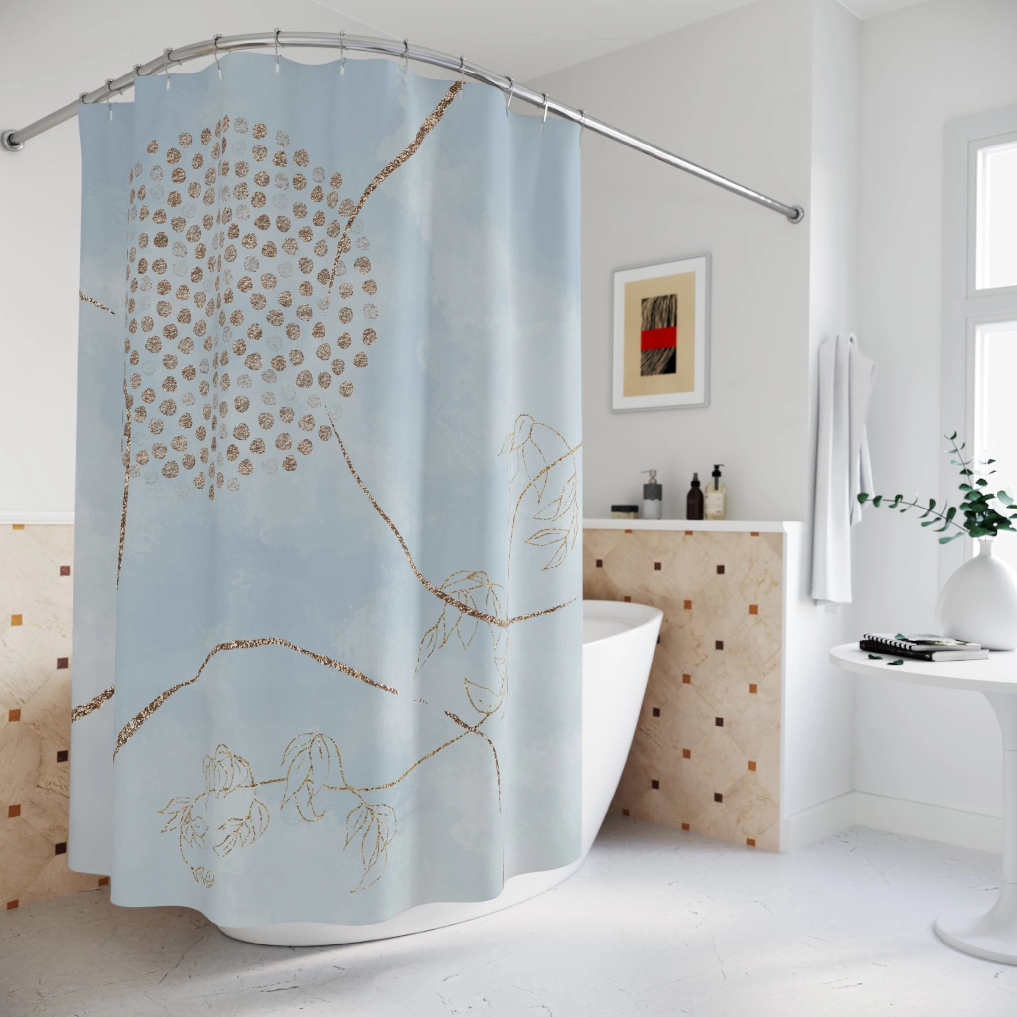 Boho Shower Curtain | Abstract Powder Pale Blue, Beige