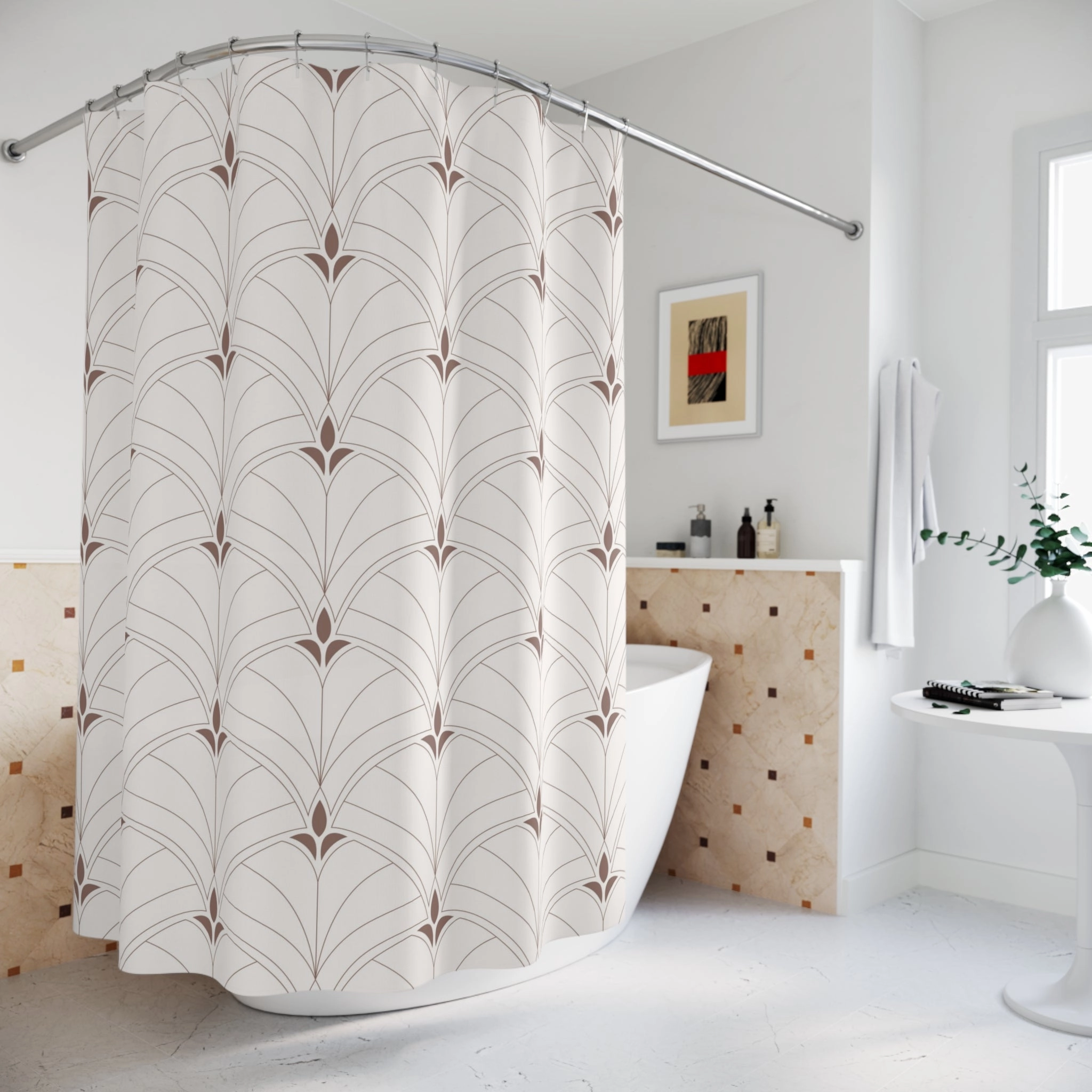 Boho Shower Curtain | Art Deco Nouveau Fan Beige Brown