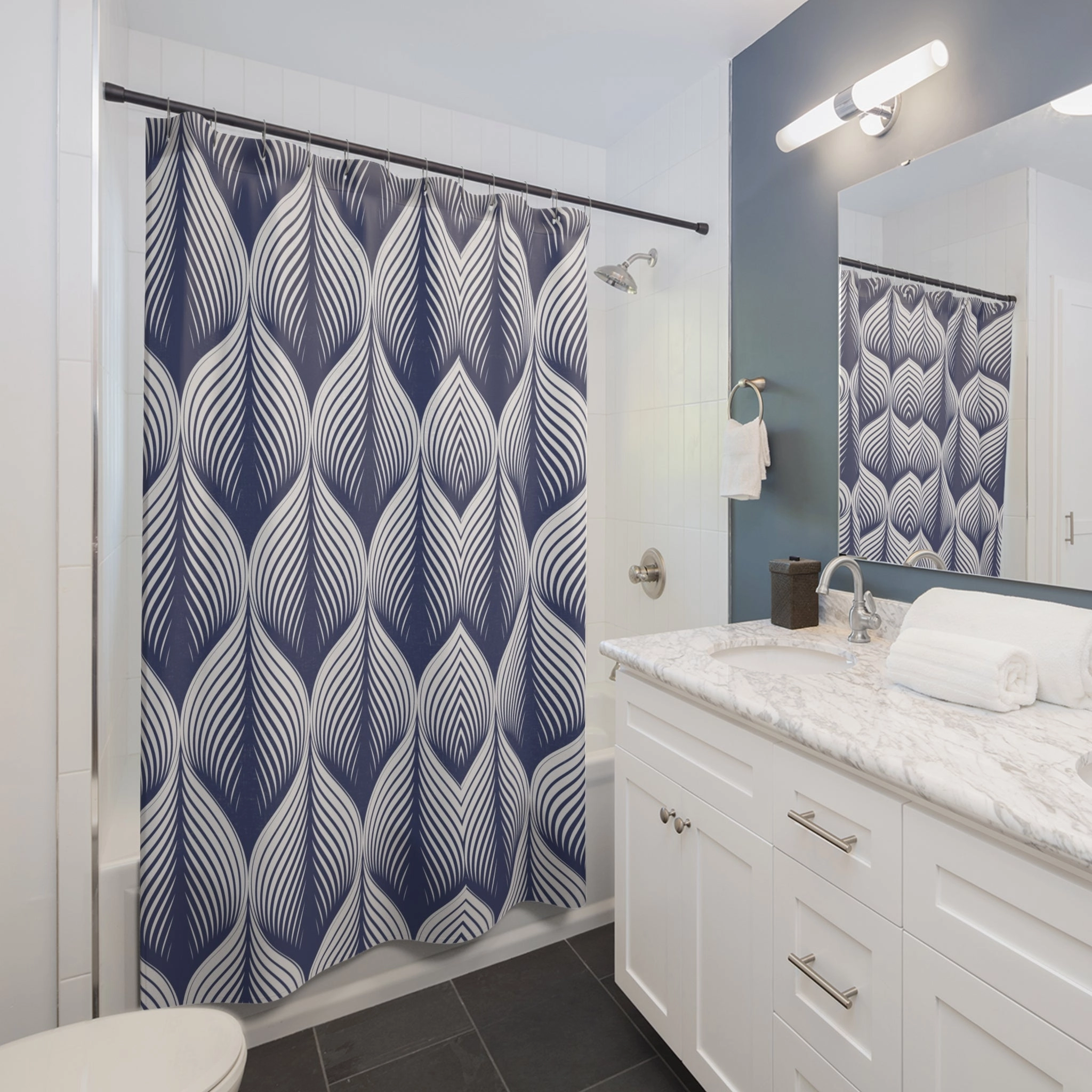 Boho Shower Curtain | Art Deco Pattern, Blue white