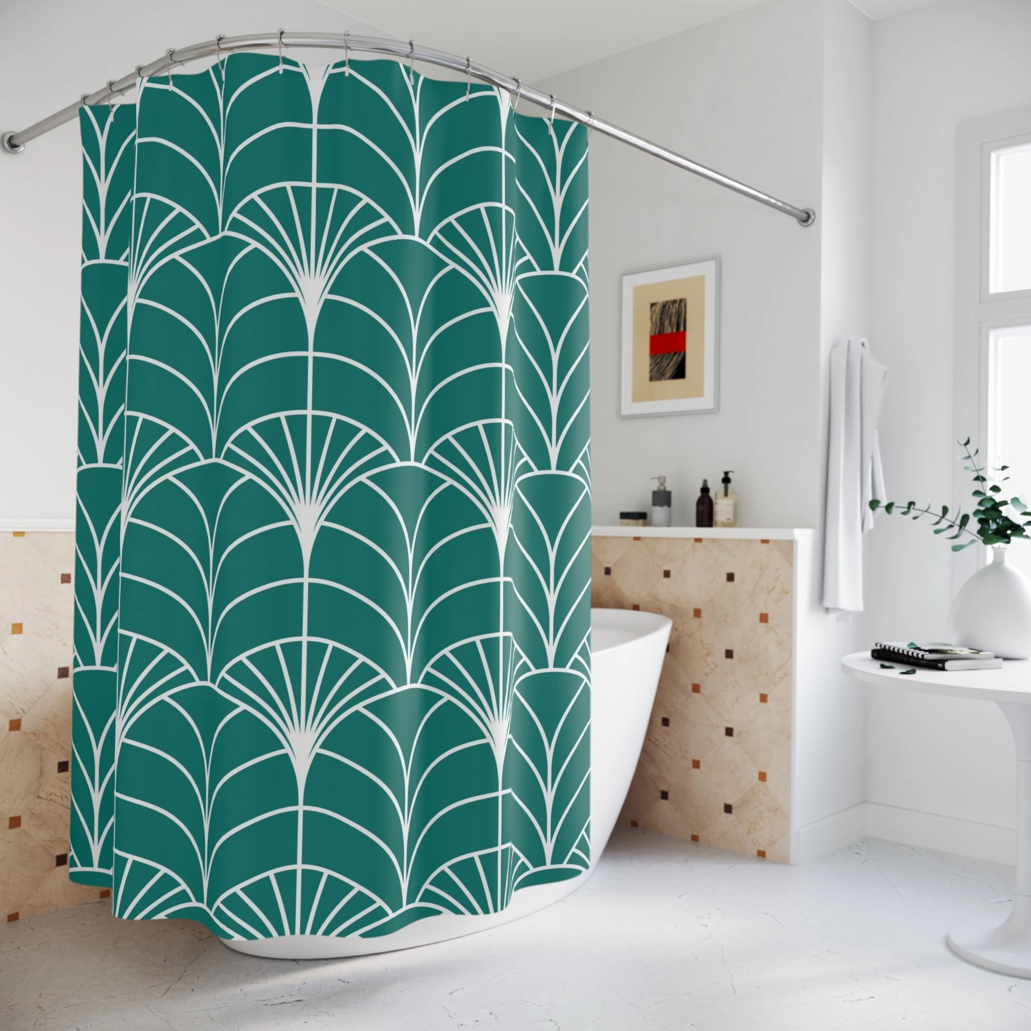 Boho Shower Curtain | Art Deco Sea Green White