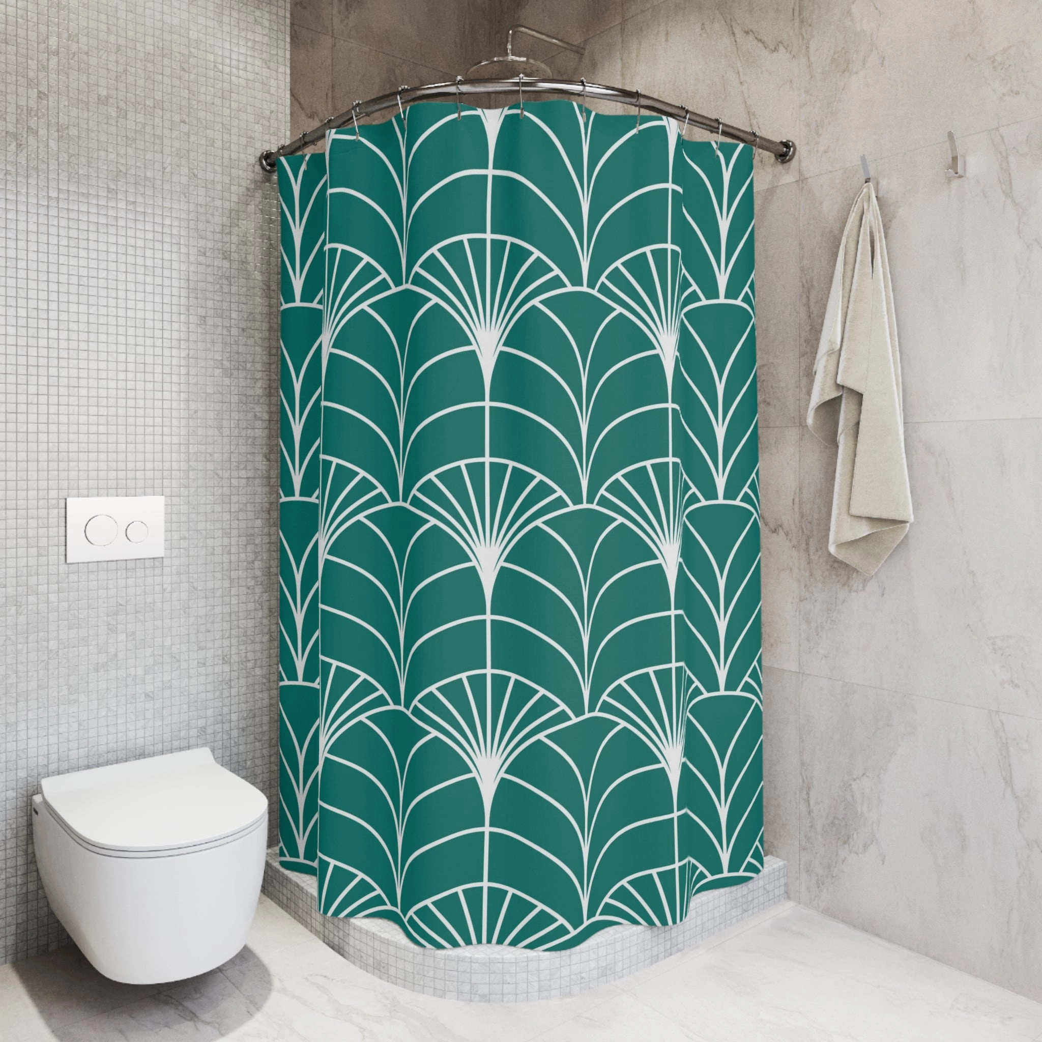 Boho Shower Curtain | Art Deco Sea Green White