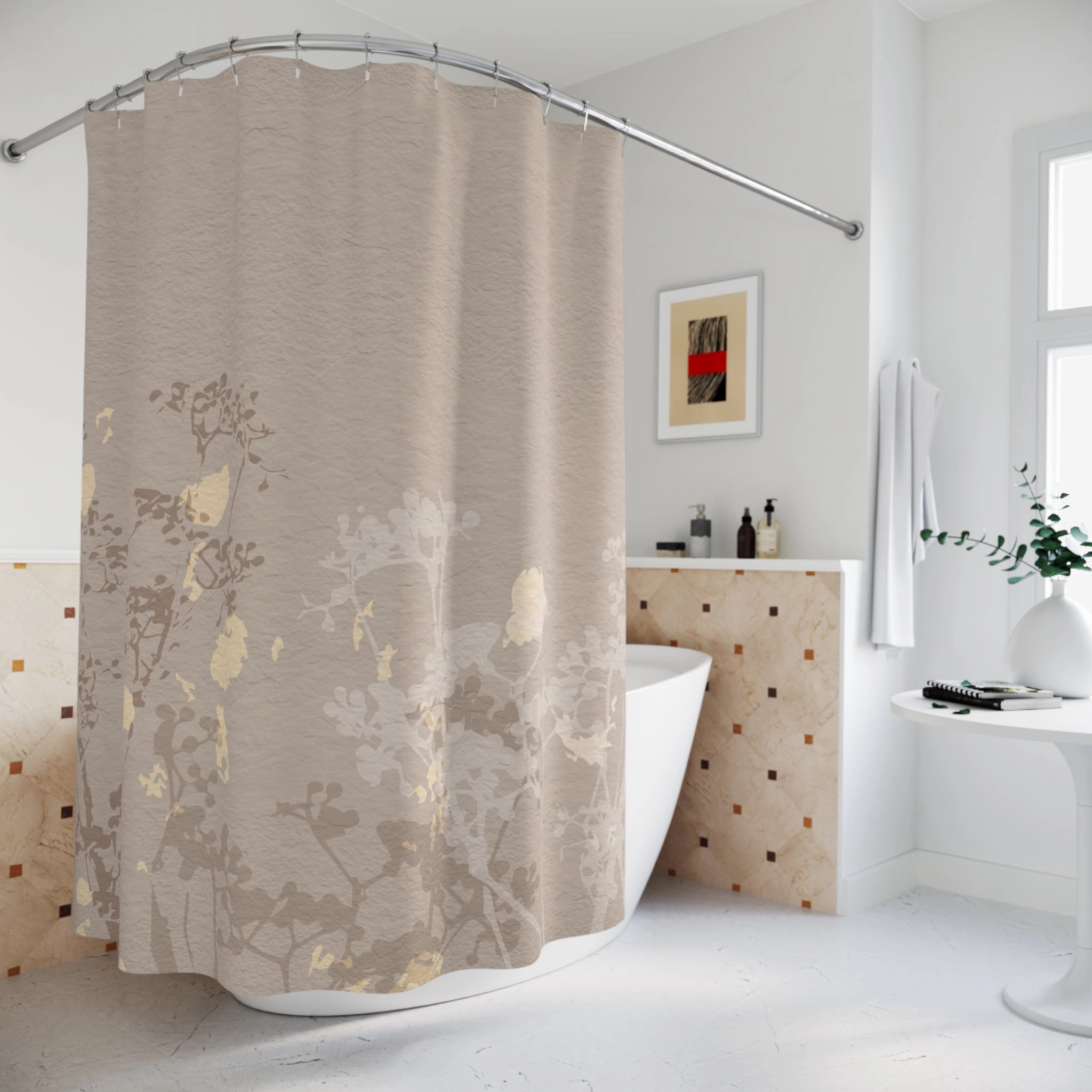 Boho Shower Curtain | Beige Brown, Taupe Floral