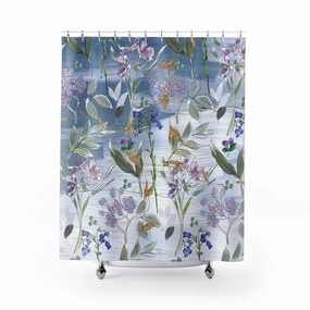 Boho Shower Curtain | Blue Lavender, Green Floral Lighting,Home Lighting