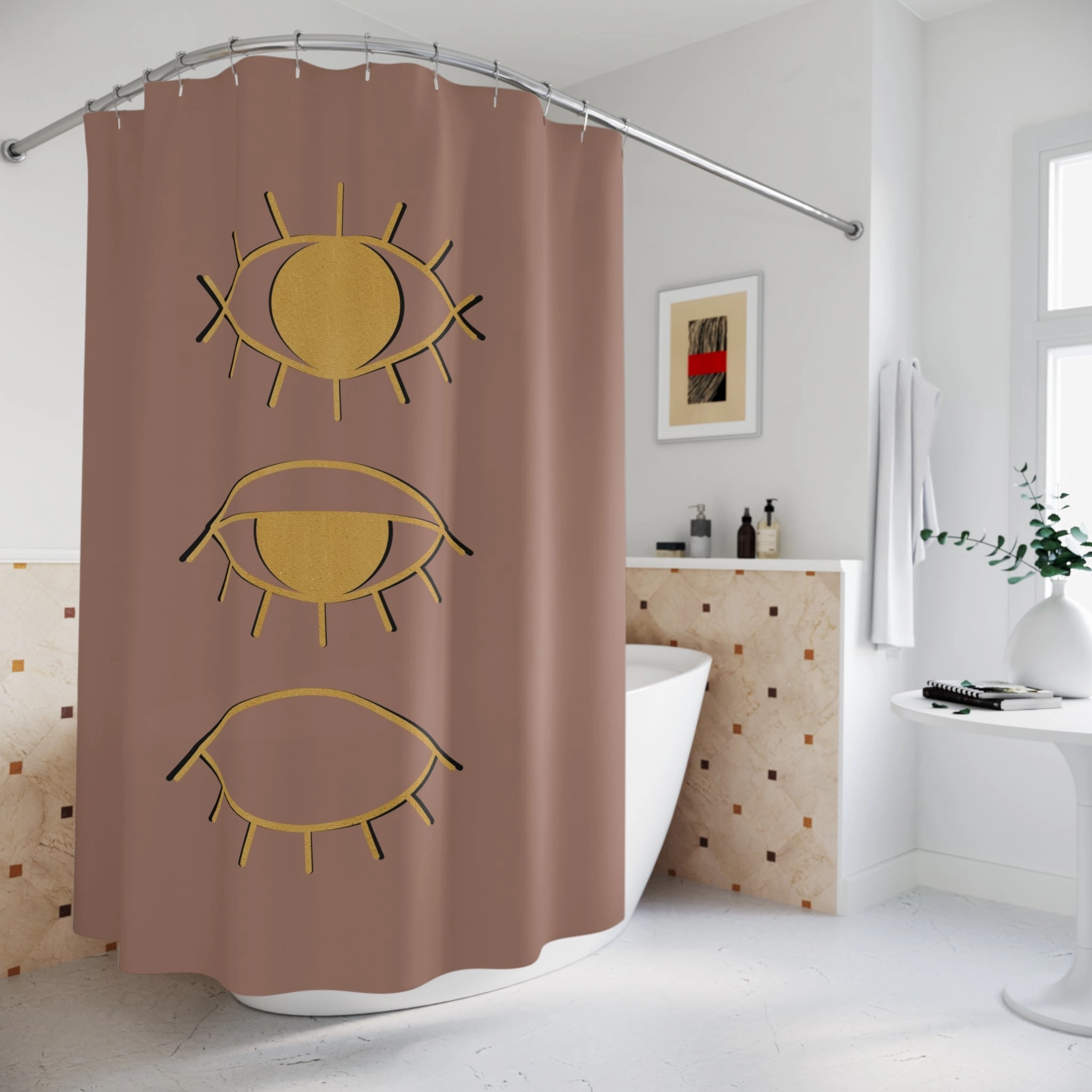 Boho Shower Curtain | Cinnamon Brown, Yellow Evil Eye