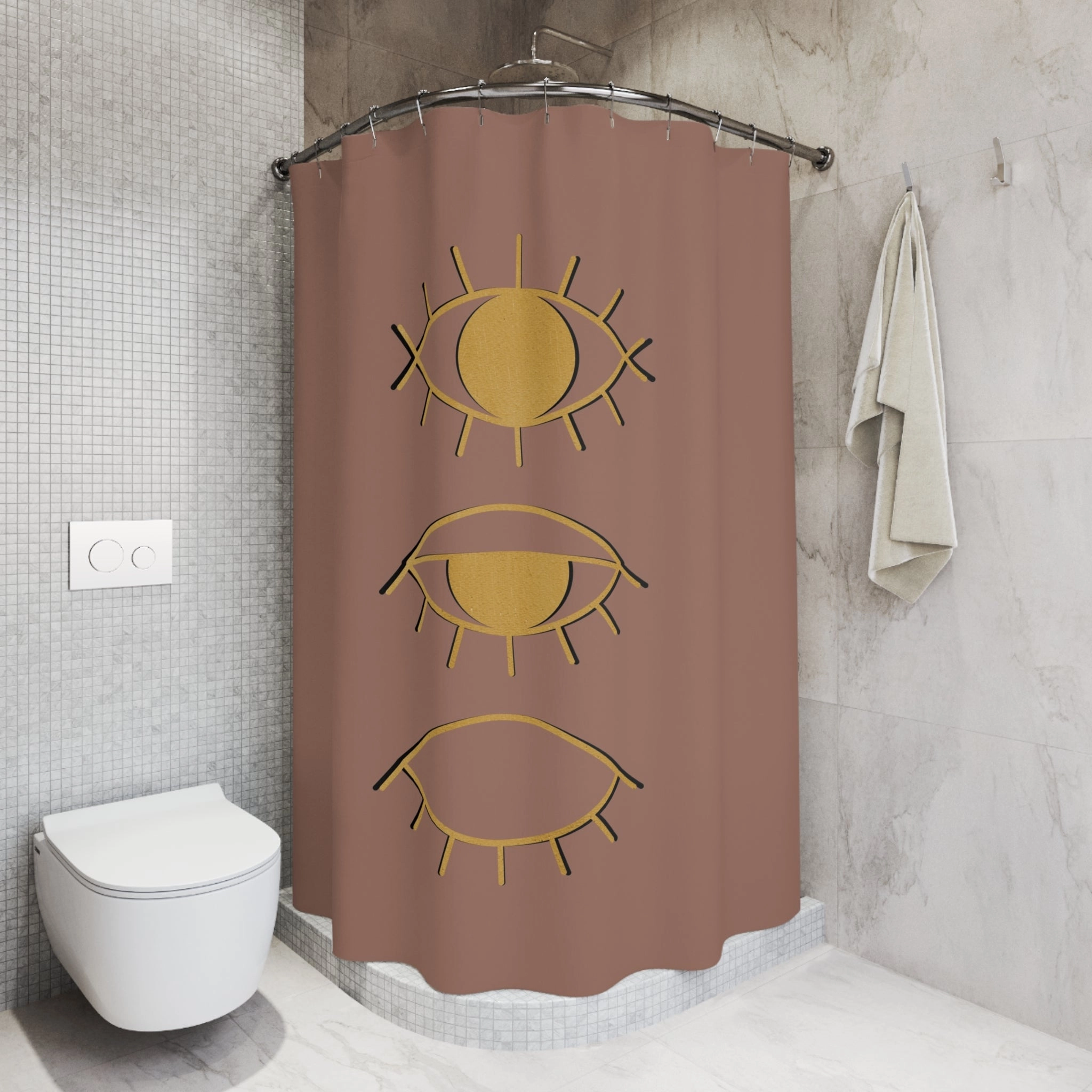 Boho Shower Curtain | Cinnamon Brown, Yellow Evil Eye