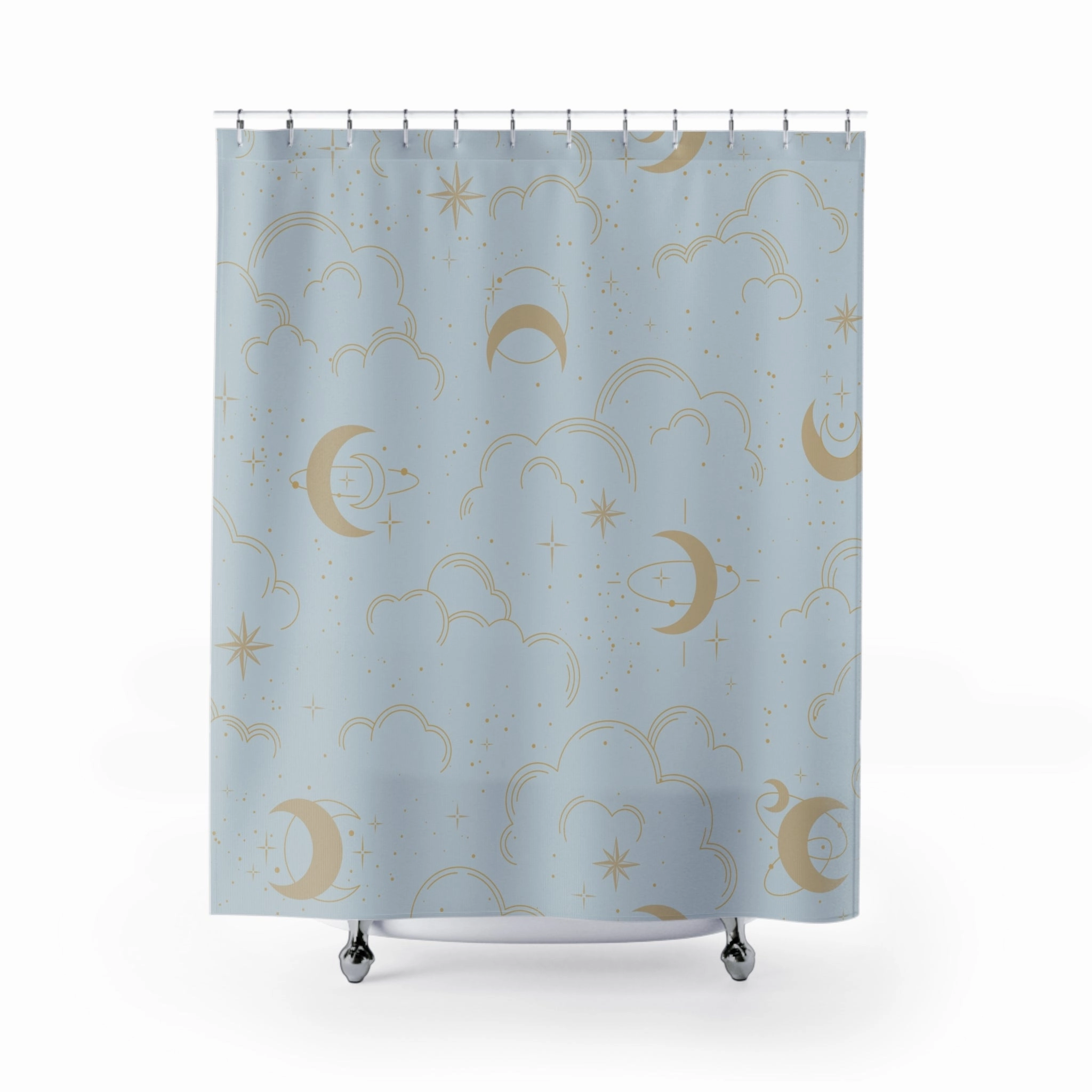 Boho Shower Curtain | Cosmic Moon Clouds, Powder Blue Beige Lighting,Home Lighting