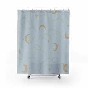 Boho Shower Curtain | Cosmic Moon Clouds, Powder Blue Beige Lighting,Home Lighting