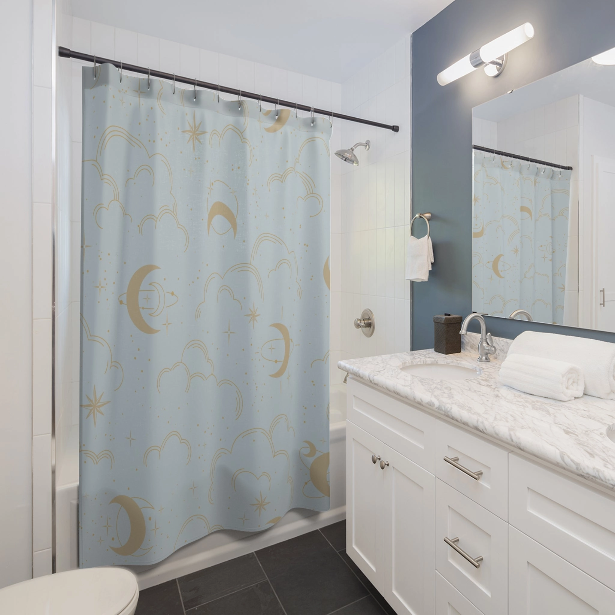 Boho Shower Curtain | Cosmic Moon Clouds, Powder Blue Beige