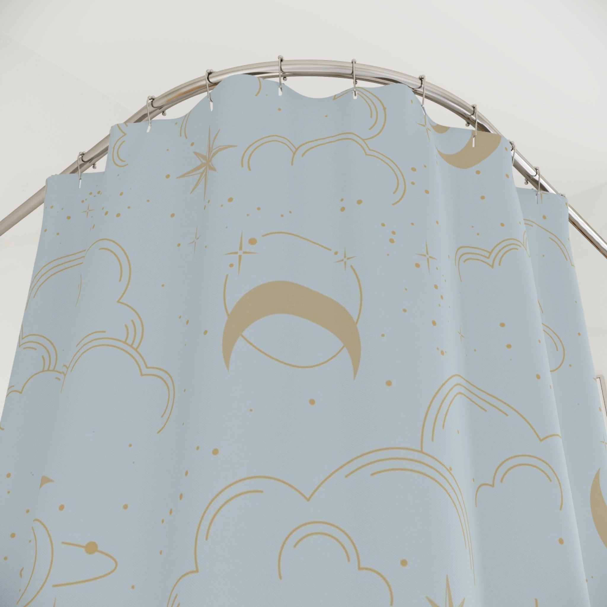 Boho Shower Curtain | Cosmic Moon Clouds, Powder Blue Beige