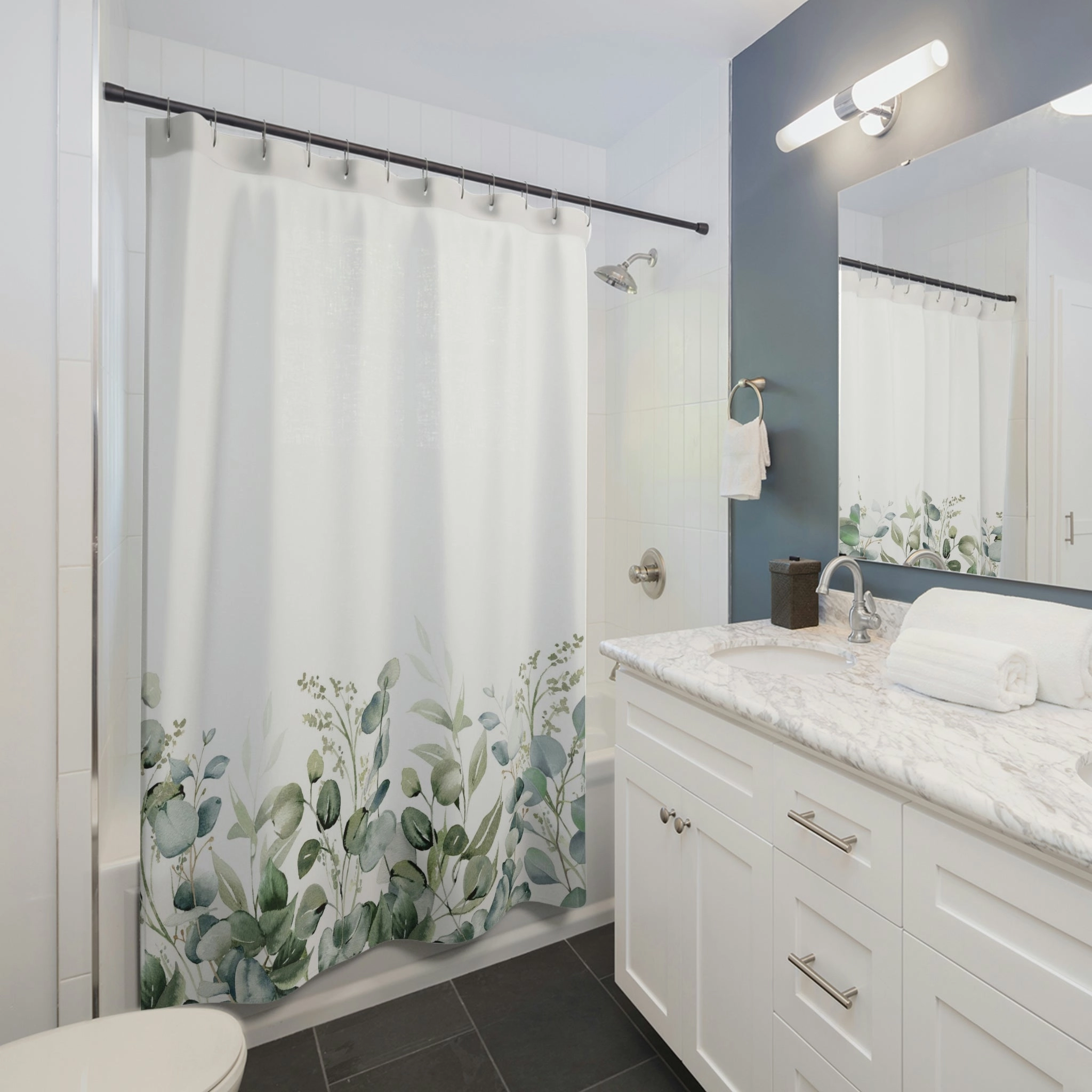 boho shower curtain | Floral Eucalyptus Leaves | Green Blue White