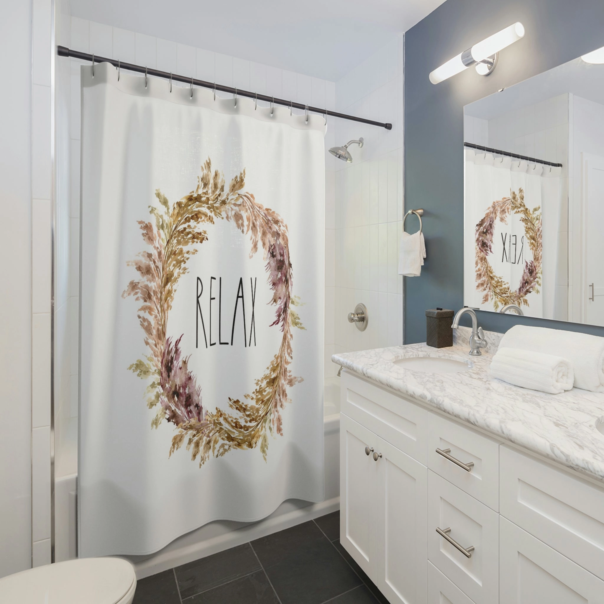 boho shower curtain | Floral Pampas | Relax Rust Beige White