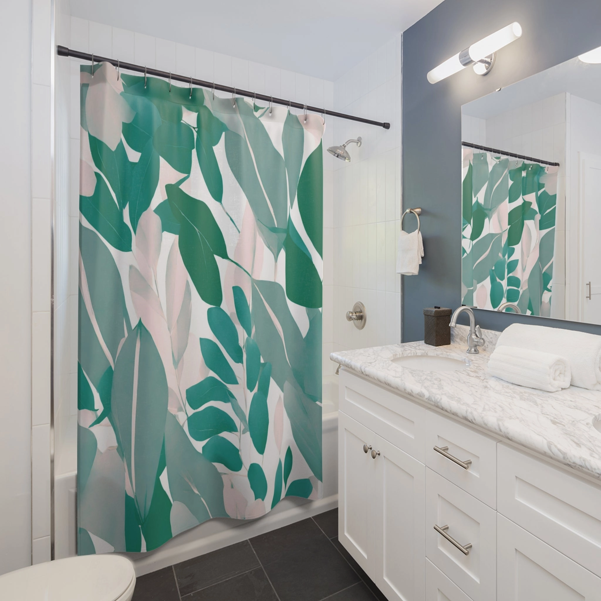 Boho Shower Curtain | Floral Sage Green, Blush Pink