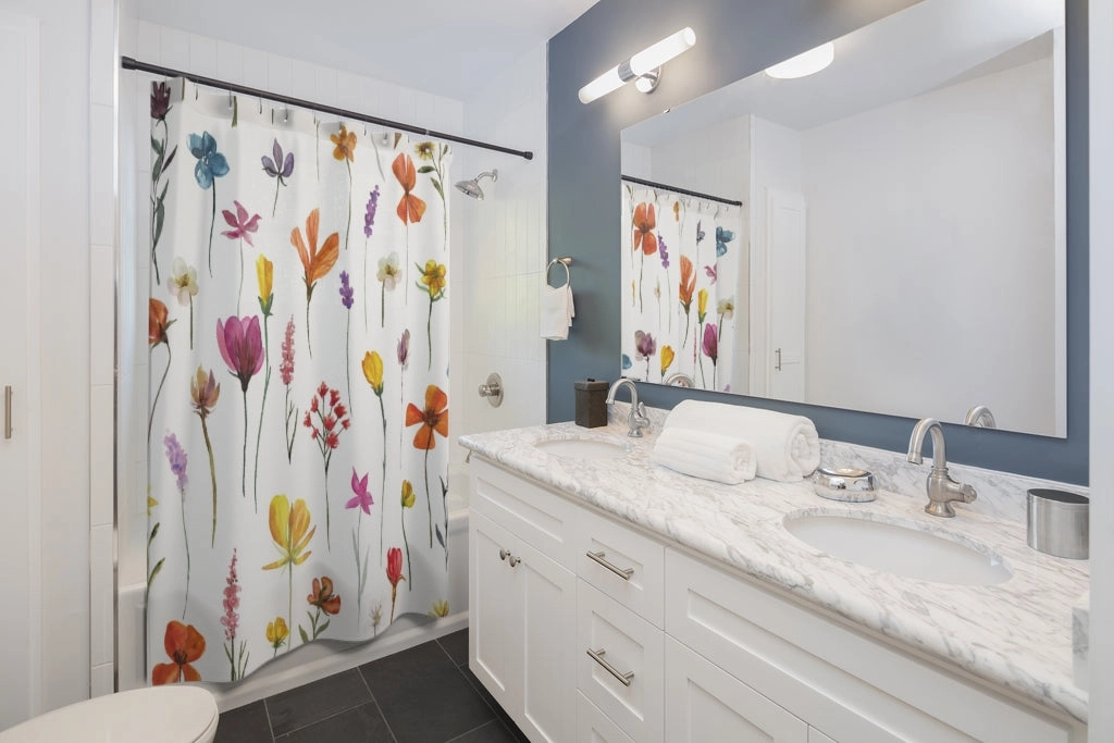 Boho Shower Curtain | Floral White Yellow Pink Orange