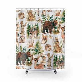 Boho Shower Curtain | Forest Wild Animals, Nature Beige Green Lighting,Home Lighting