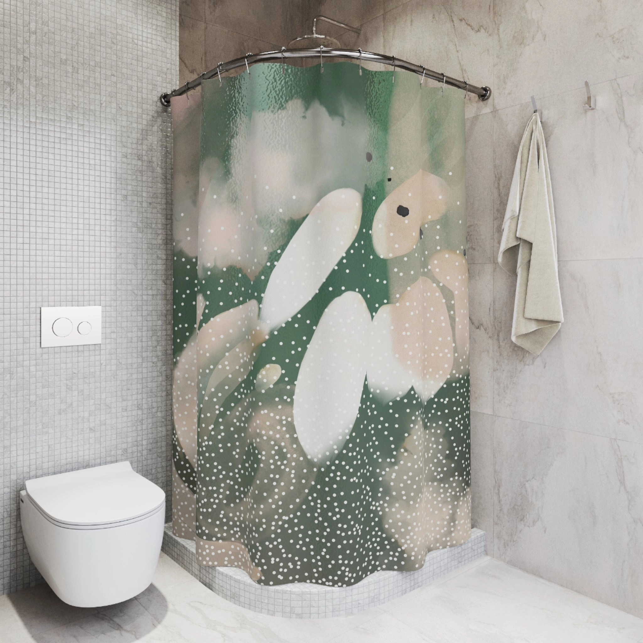 Boho Shower Curtain | Green, Blush Pink White Abstract