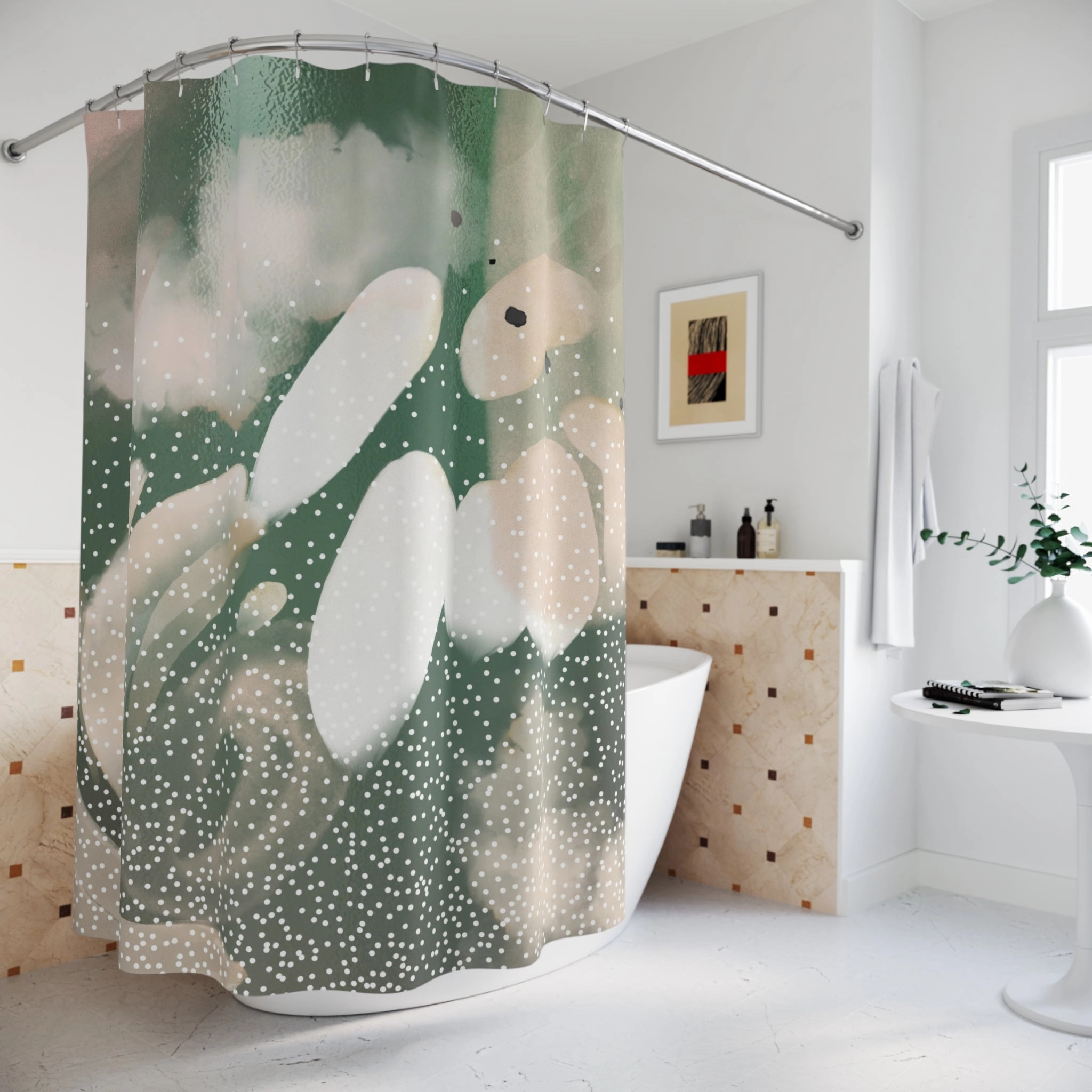Boho Shower Curtain | Green, Blush Pink White Abstract