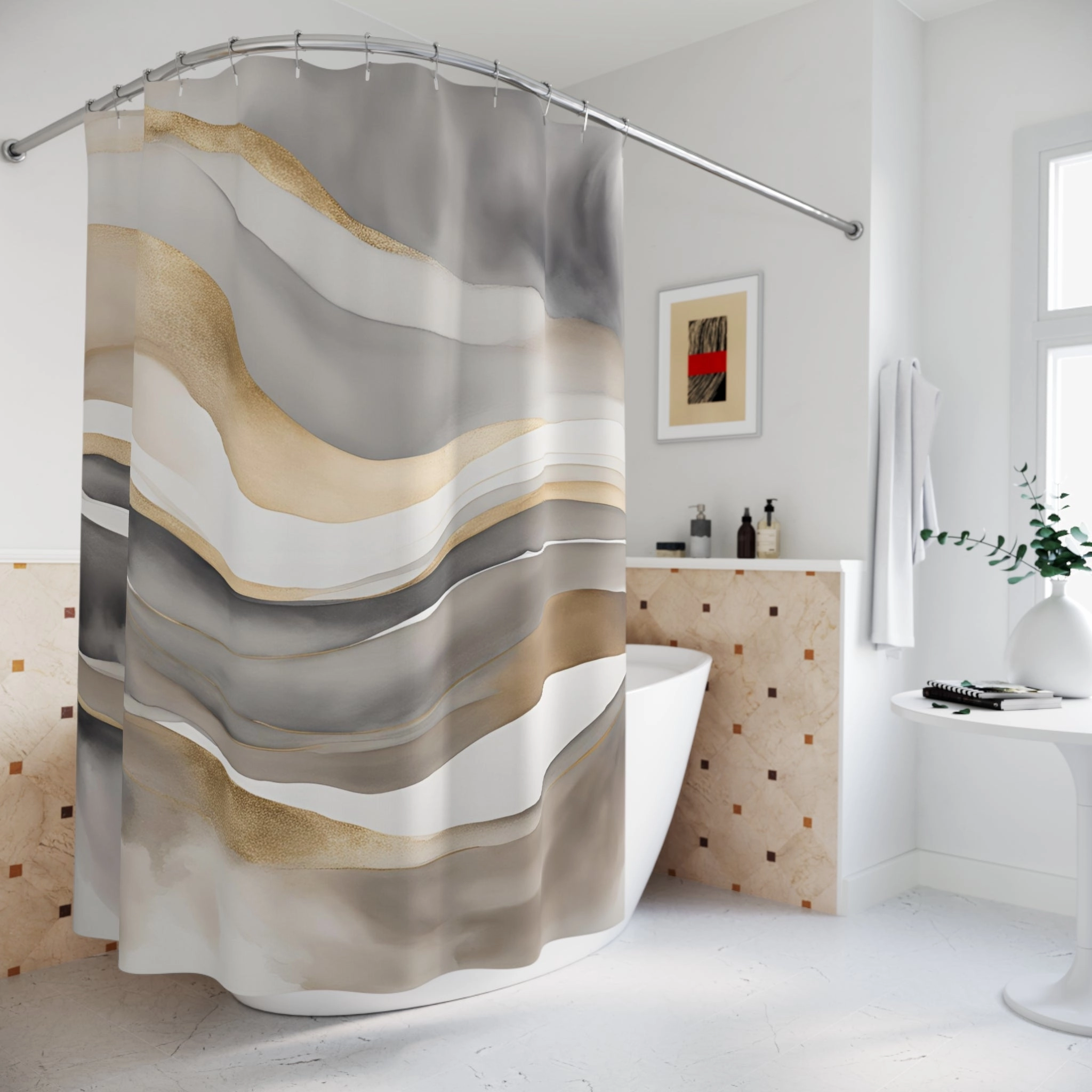 Boho Shower Curtain | Grey Beige Minimalist Fabric Curtain