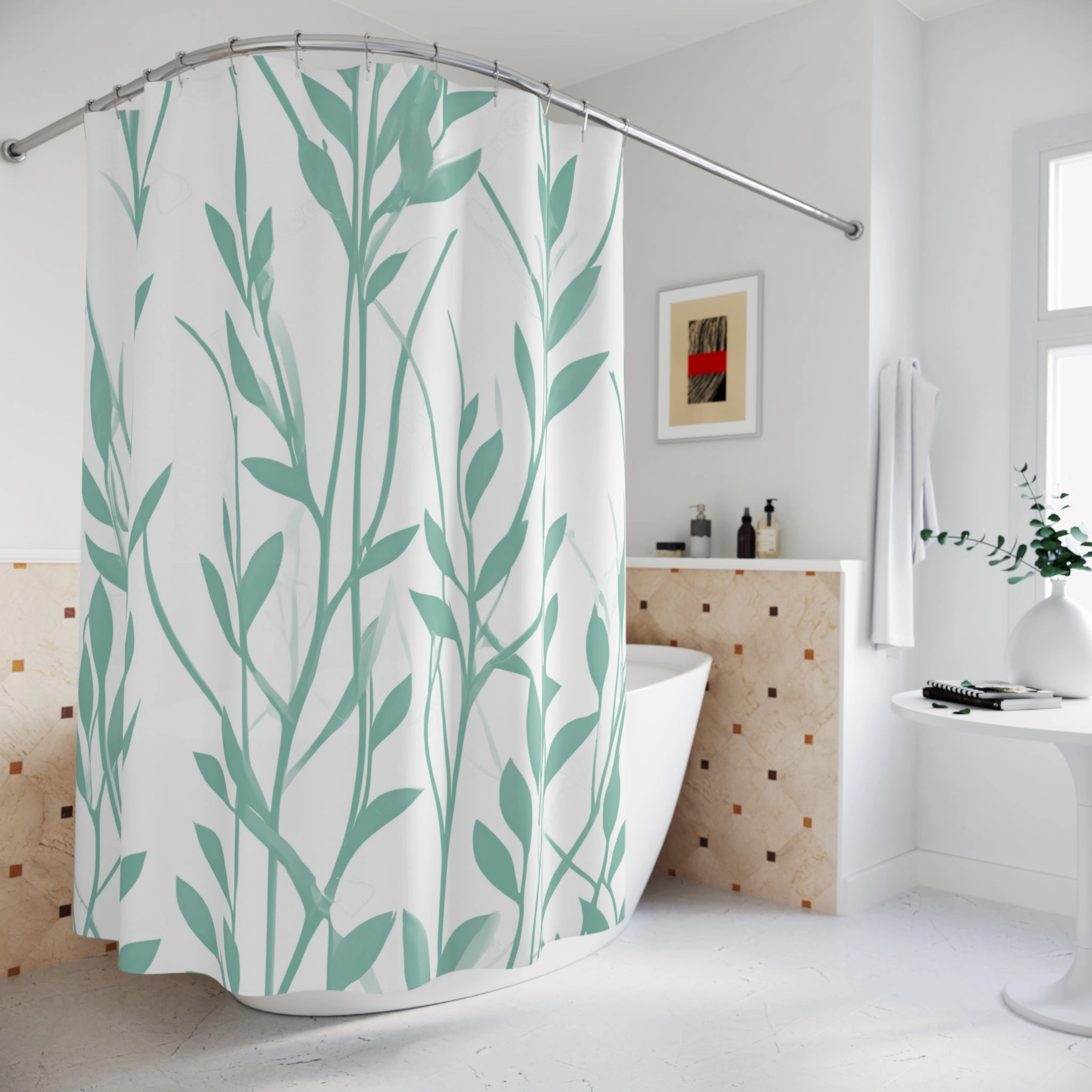 Boho Shower Curtain | Mint Aqua Green, White Leaves