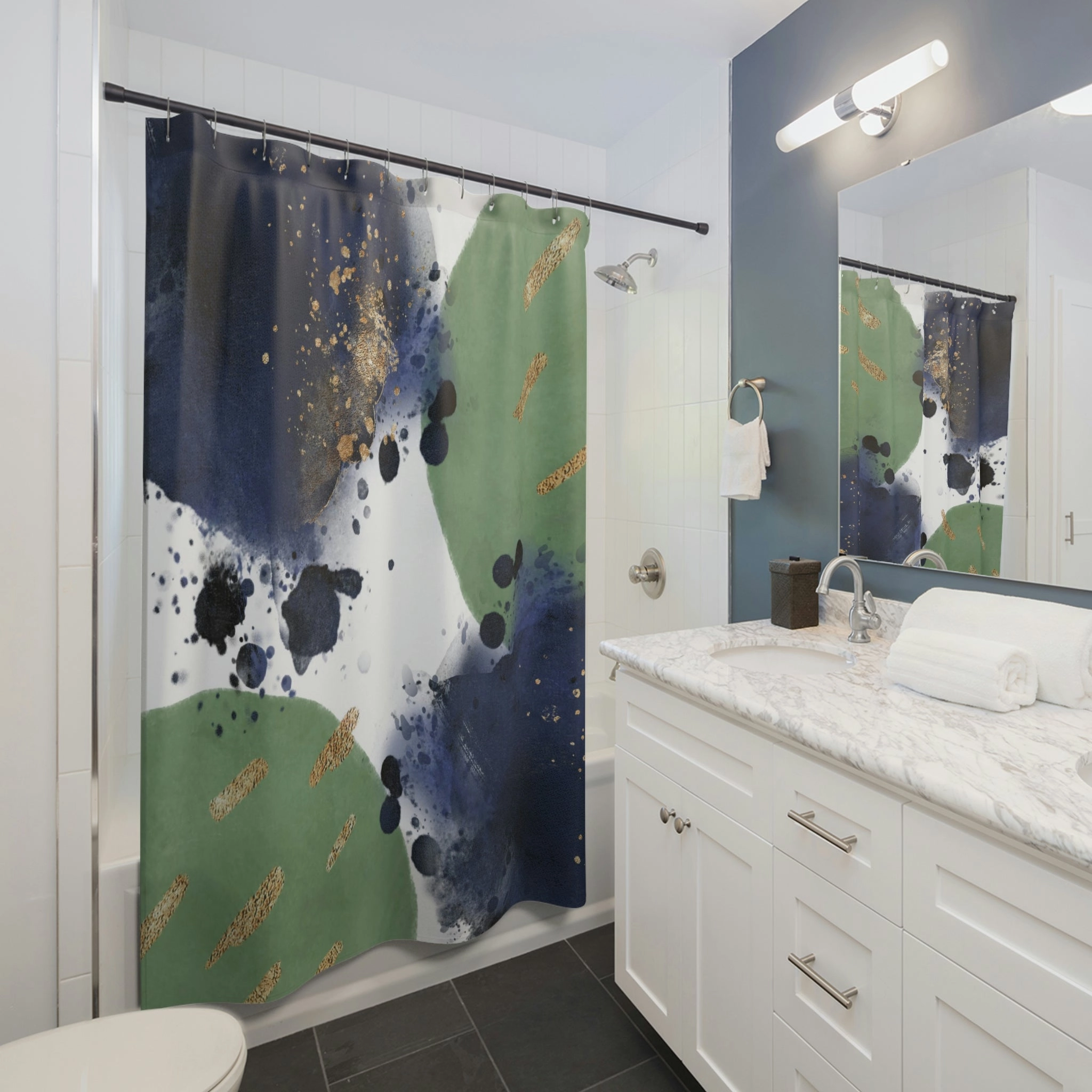 boho shower curtain | Navy Blue, Green