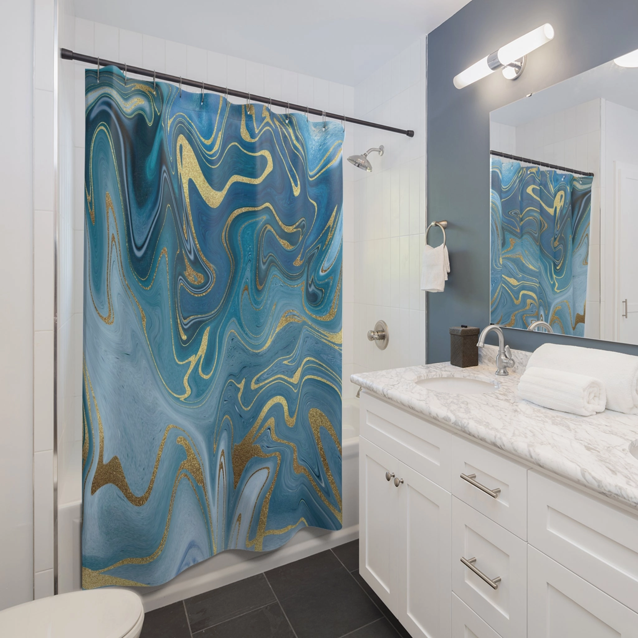 Boho Shower Curtain | Navy Blue Ombre Marble Print