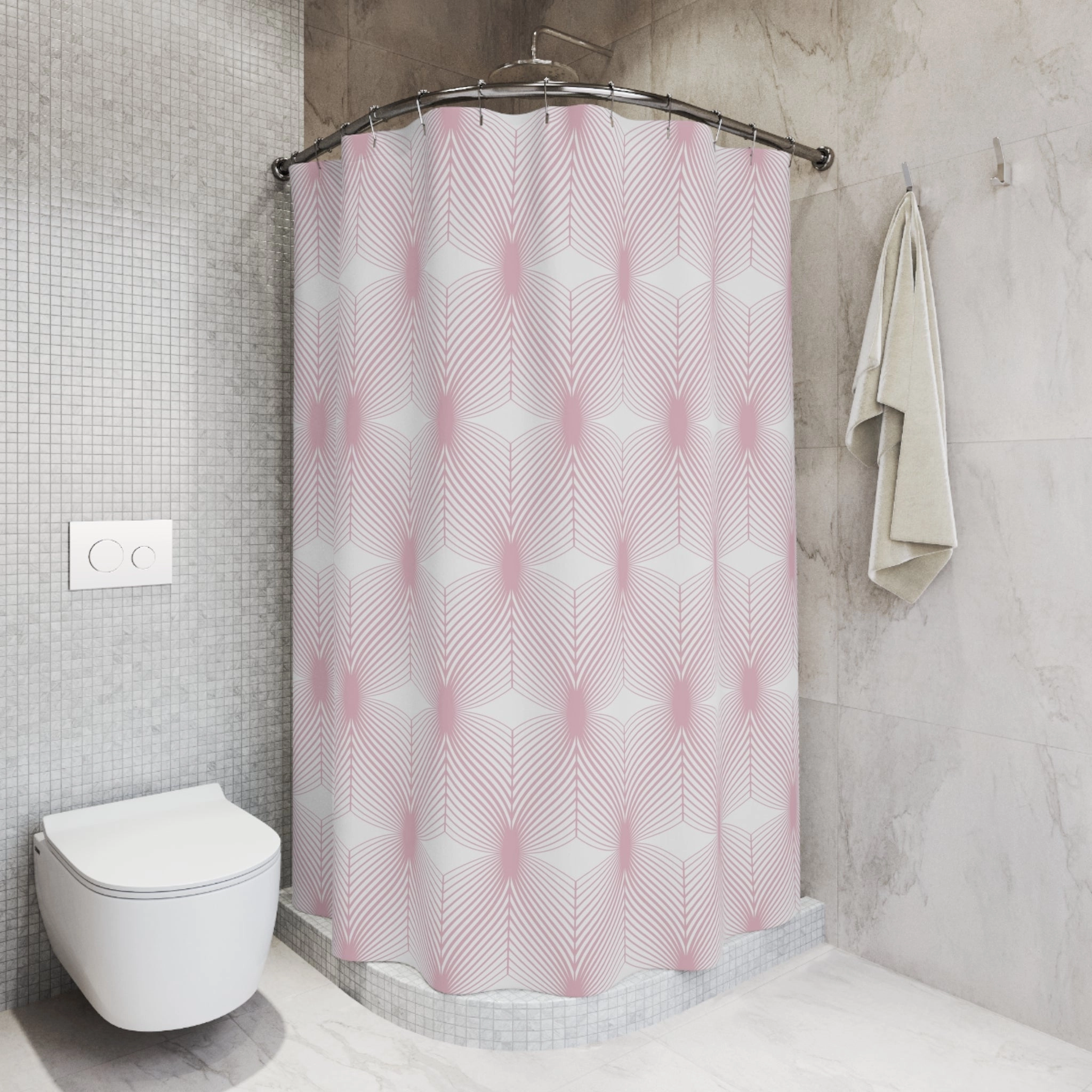 Boho Shower Curtain | Retro Art Deco White Blush Pink, Geometric