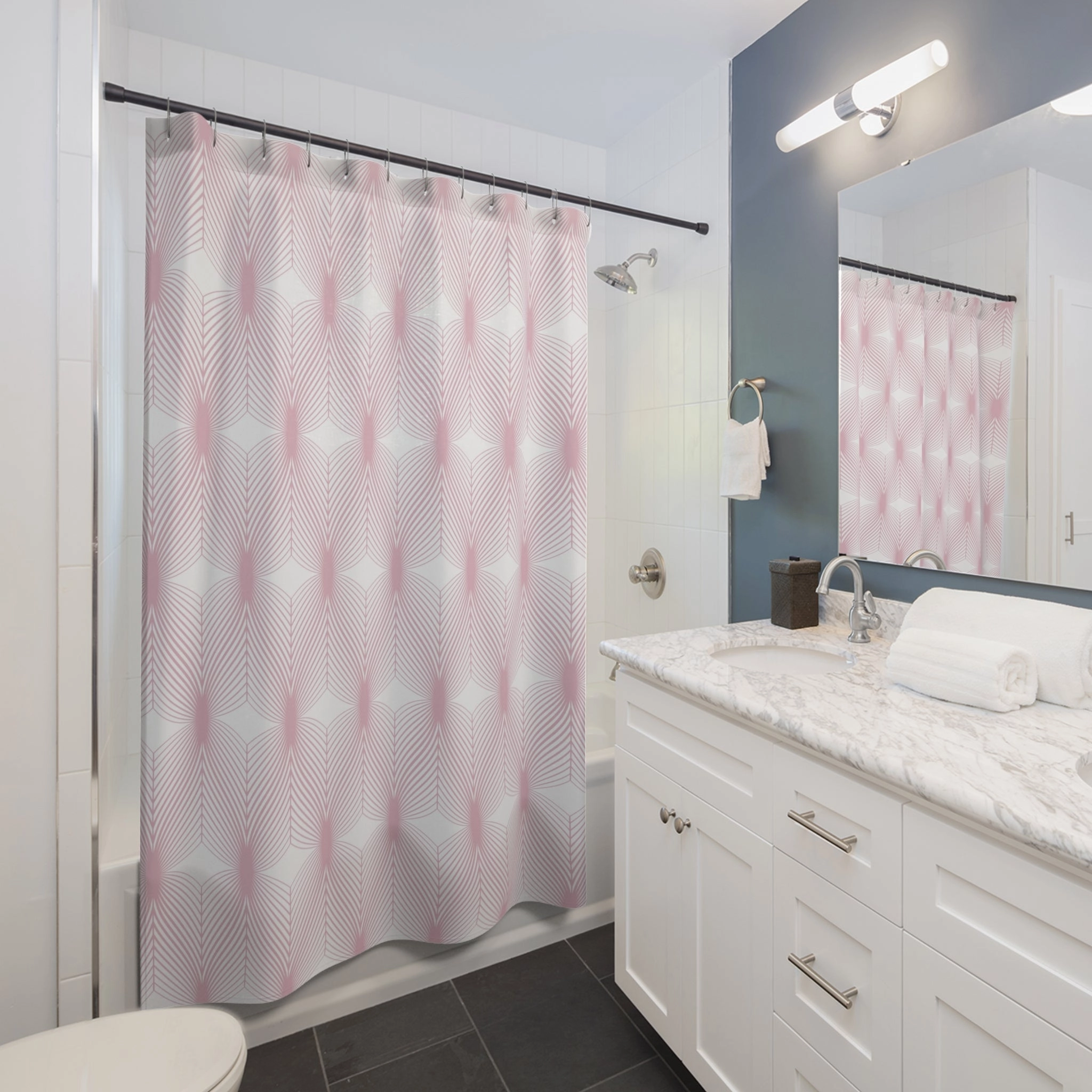 Boho Shower Curtain | Retro Art Deco White Blush Pink, Geometric