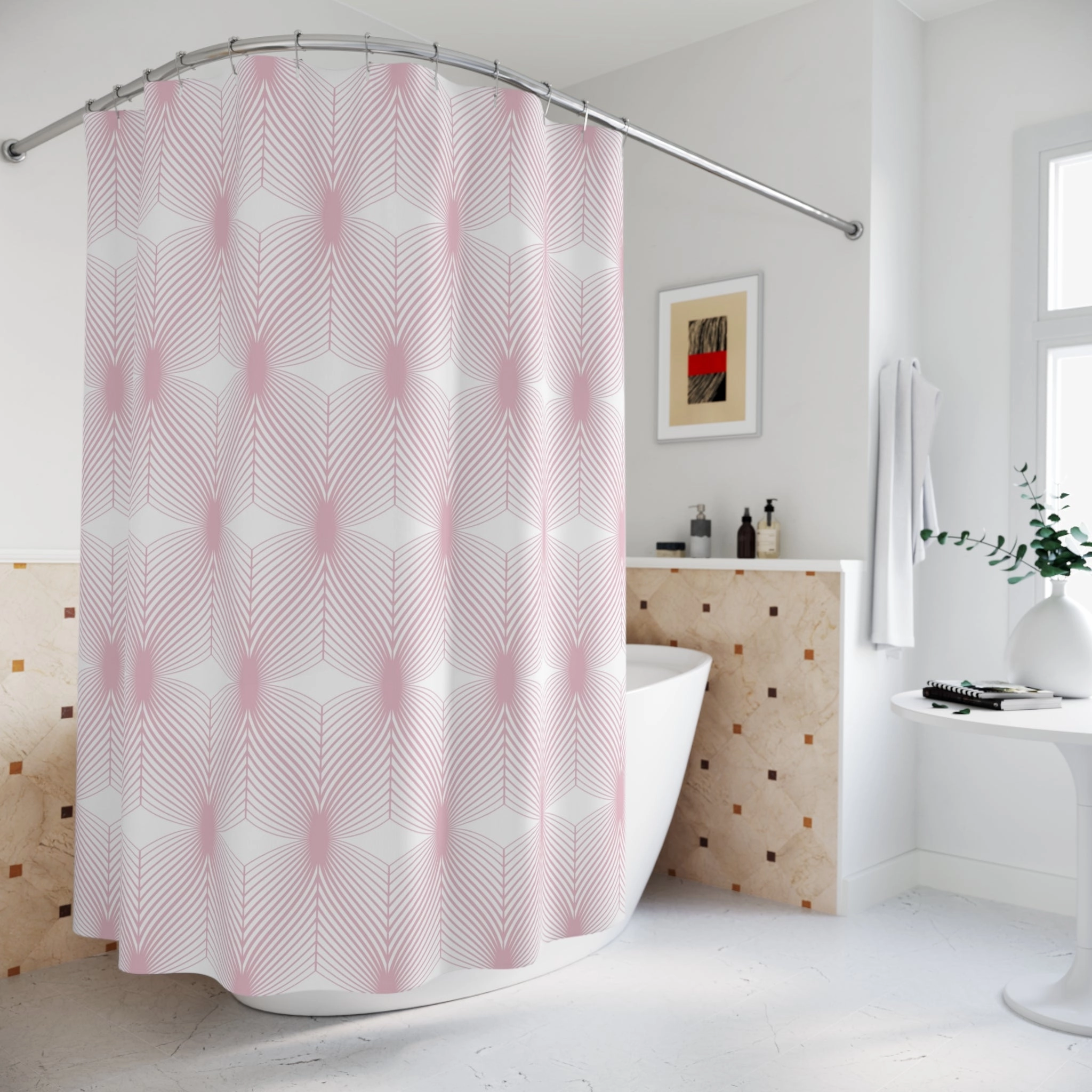 Boho Shower Curtain | Retro Art Deco White Blush Pink, Geometric