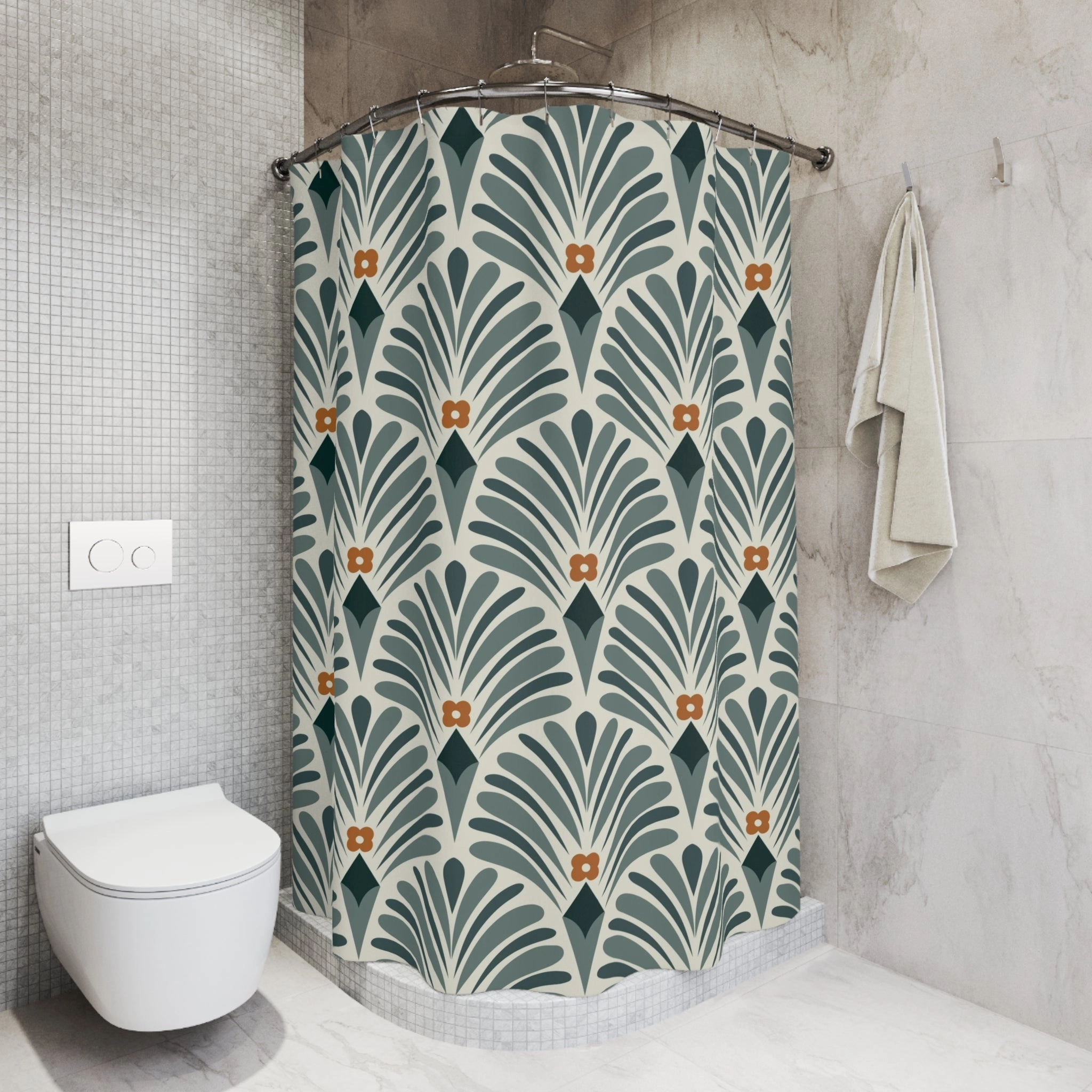 Boho Shower Curtain | Retro Green Art Deco, Nouveau