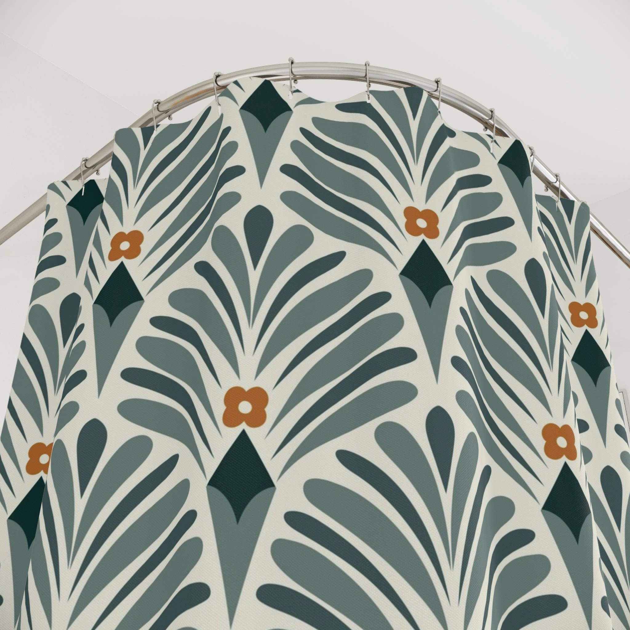 Boho Shower Curtain | Retro Green Art Deco, Nouveau