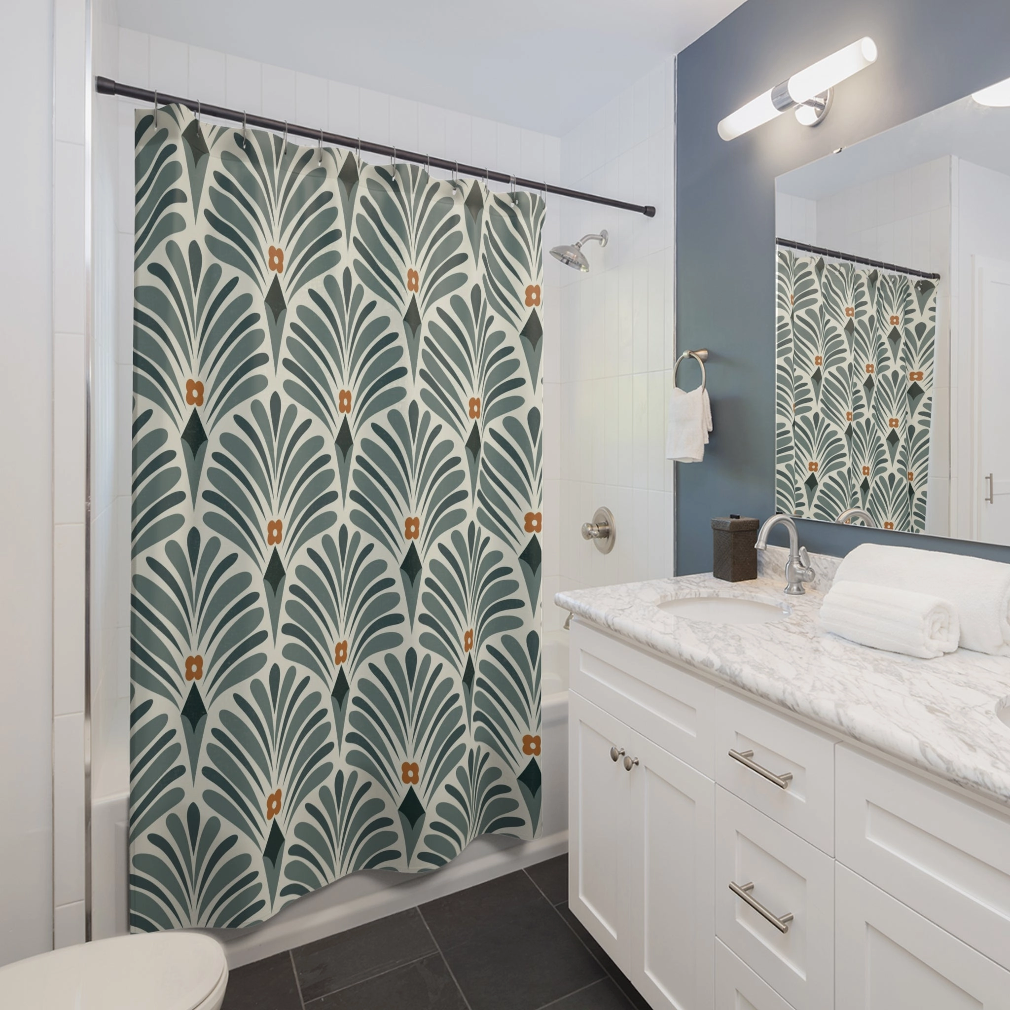 Boho Shower Curtain | Retro Green Art Deco, Nouveau