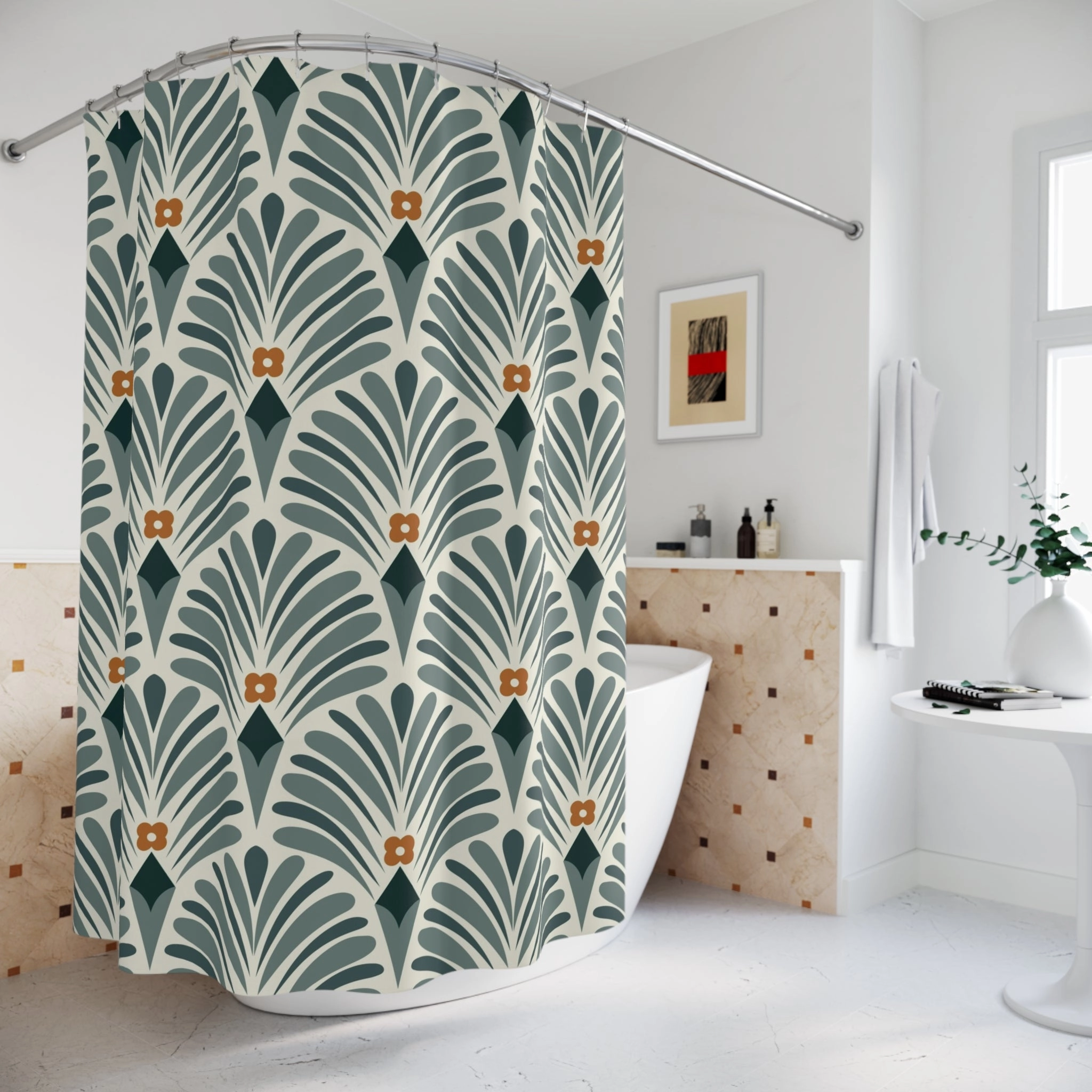 Boho Shower Curtain | Retro Green Art Deco, Nouveau