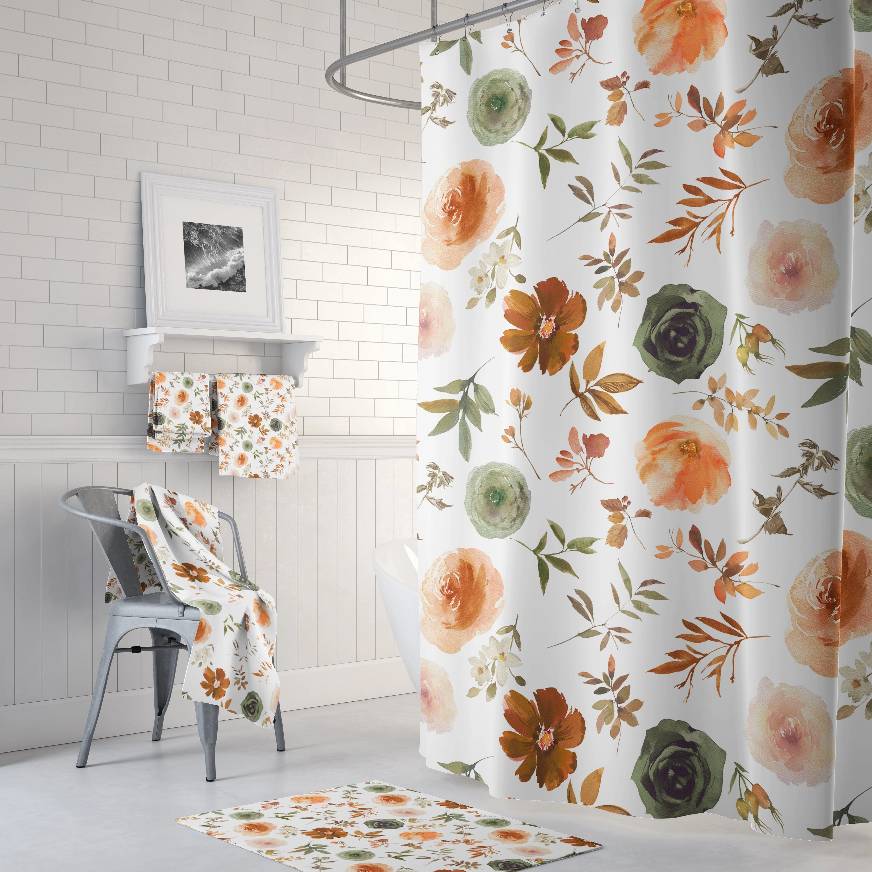 Boho Shower Curtain | Sage Green, Brown Beige White Flowers Lighting,Home Lighting