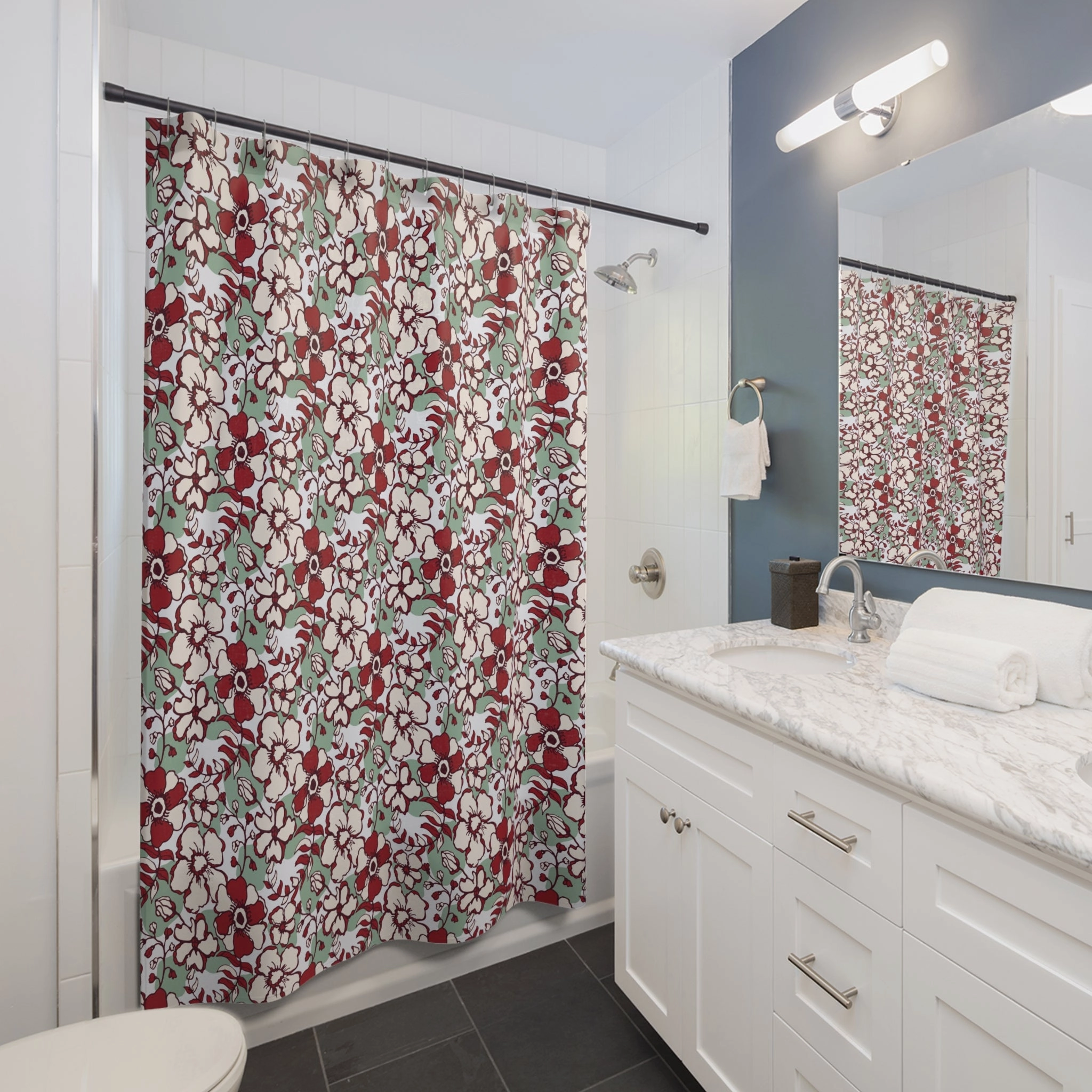 Boho Shower Curtain | Sage Green, Red White Floral