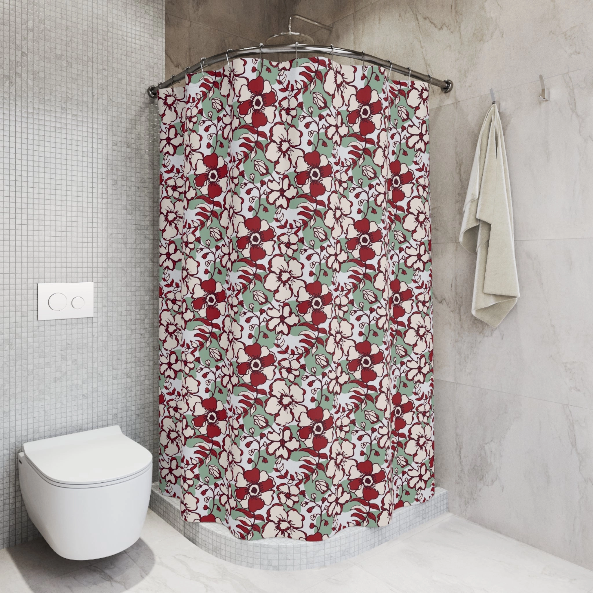 Boho Shower Curtain | Sage Green, Red White Floral