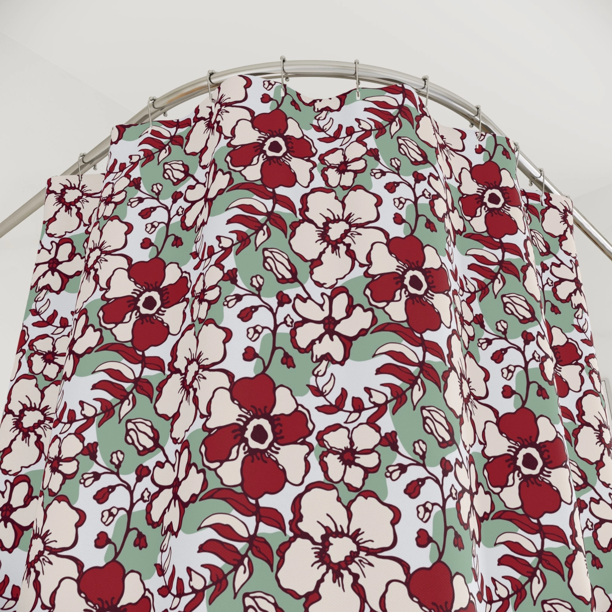 Boho Shower Curtain | Sage Green, Red White Floral
