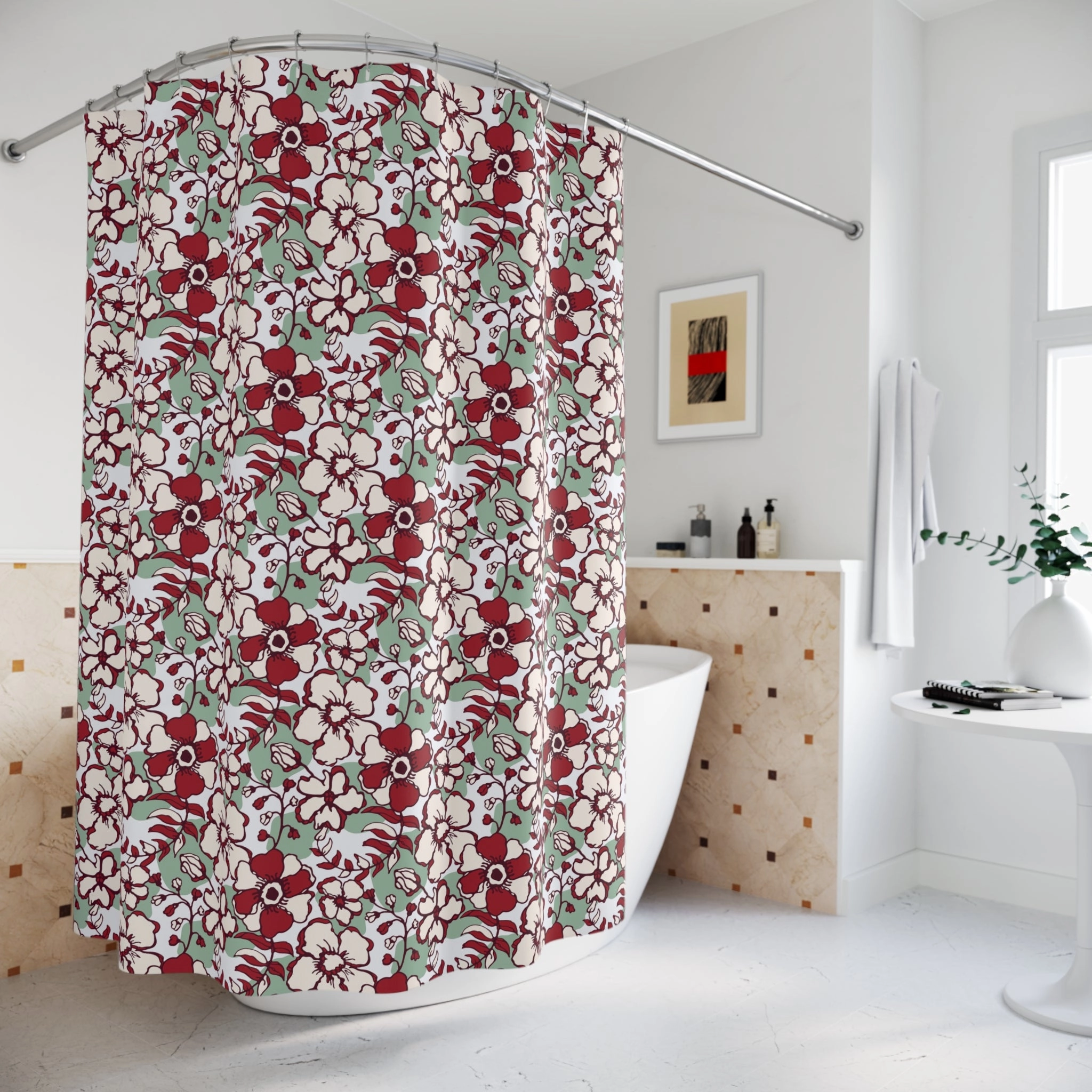 Boho Shower Curtain | Sage Green, Red White Floral