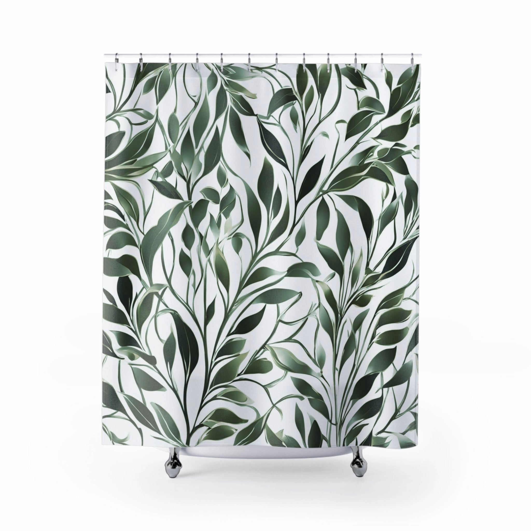 Boho Shower Curtain | Sage Green, White Leaves Lighting,Home Lighting