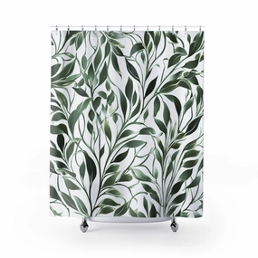 Boho Shower Curtain | Sage Green, White Leaves Lighting,Home Lighting