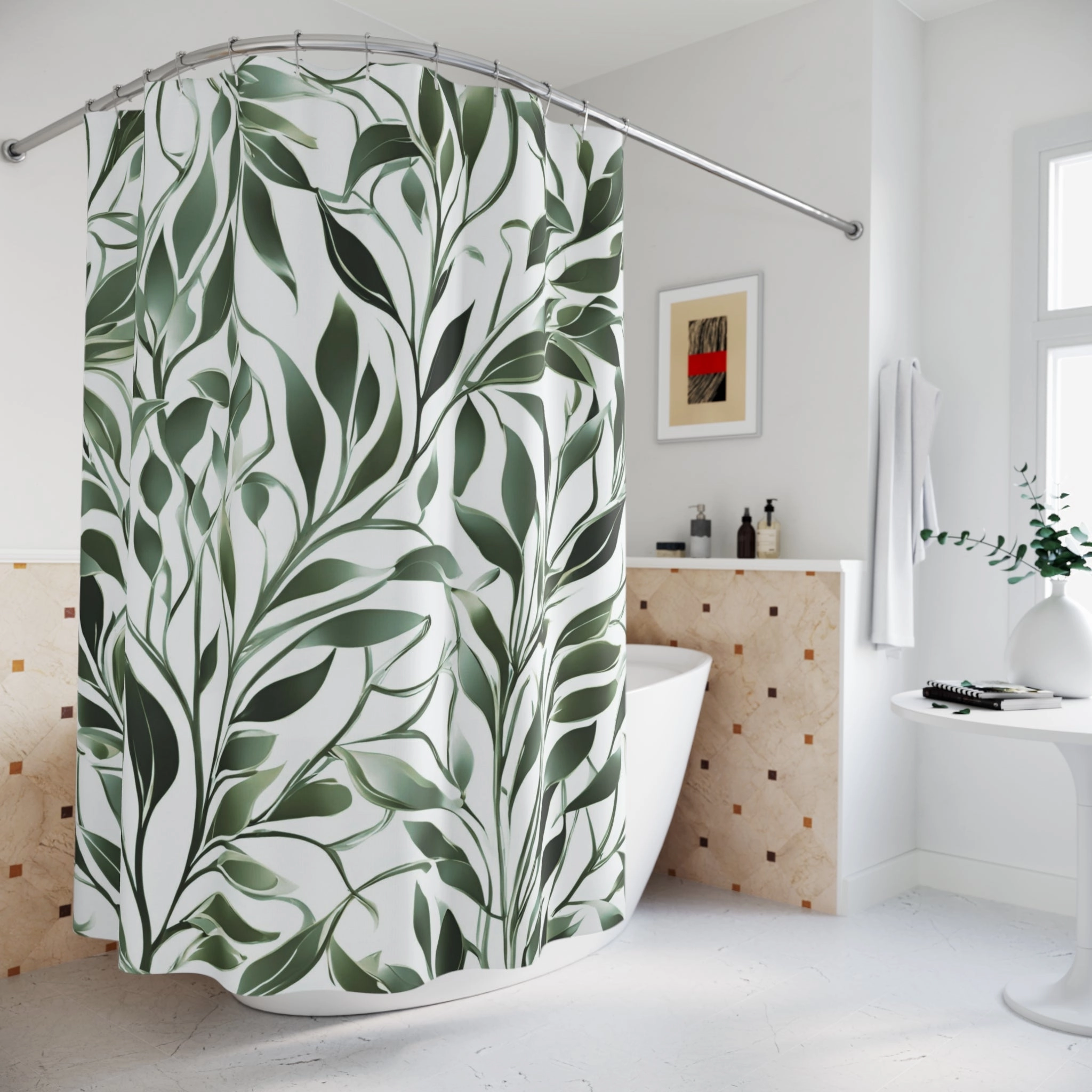 Boho Shower Curtain | Sage Green, White Leaves