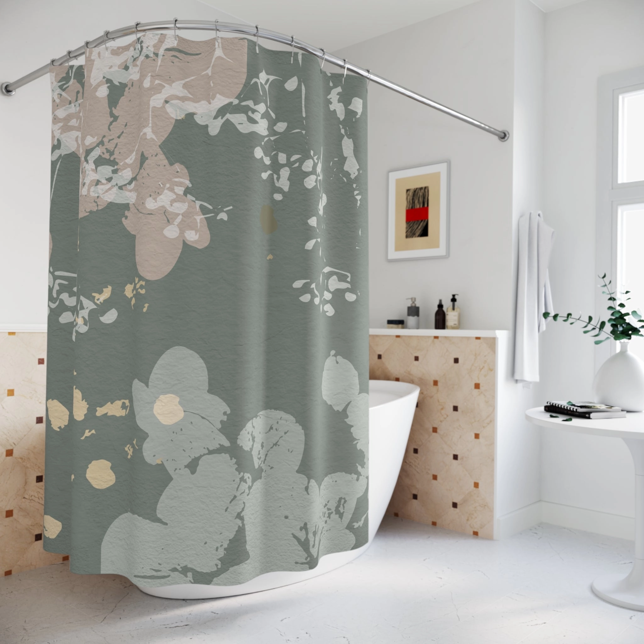 Boho Shower Curtain | Sage Grey Green, Blush Beige