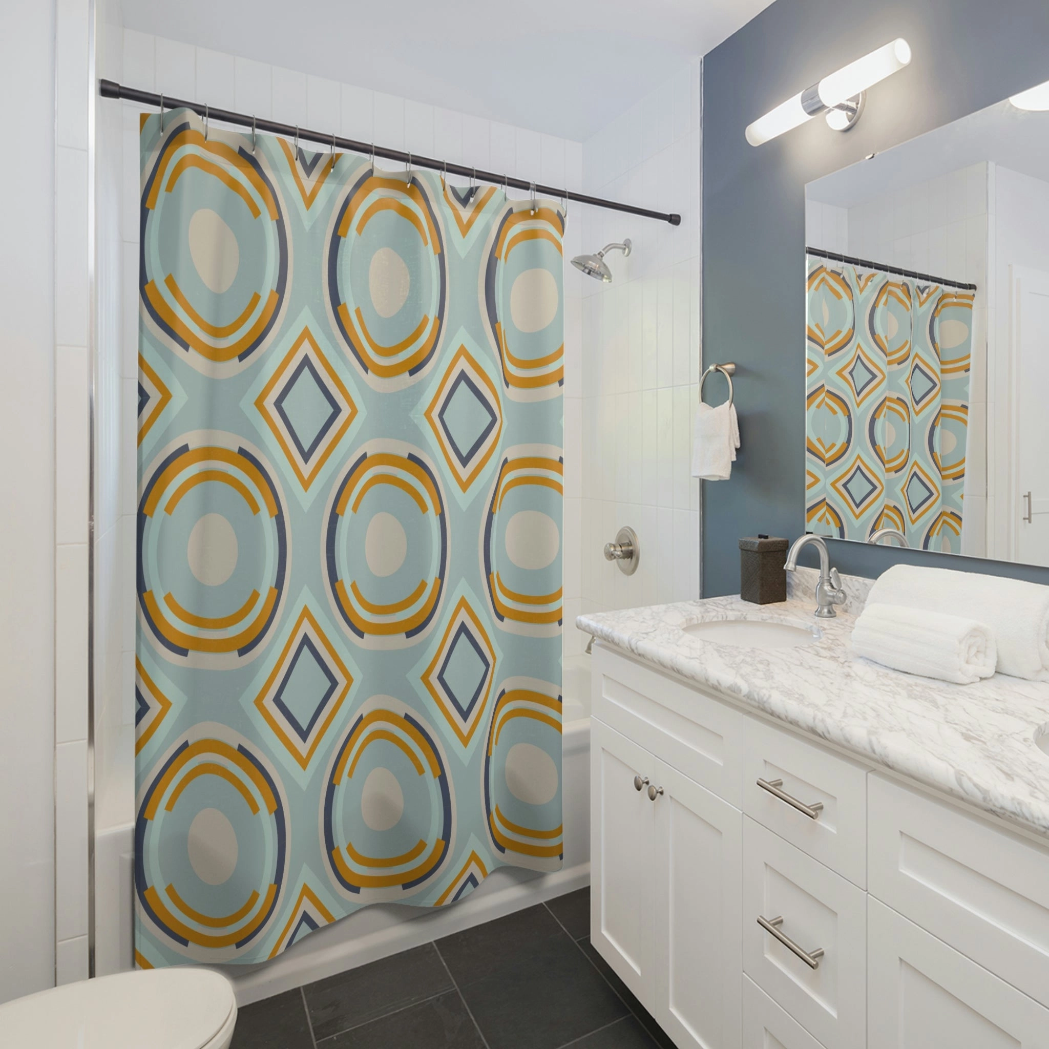 boho shower curtain | Teal Mid-Century Minimalist