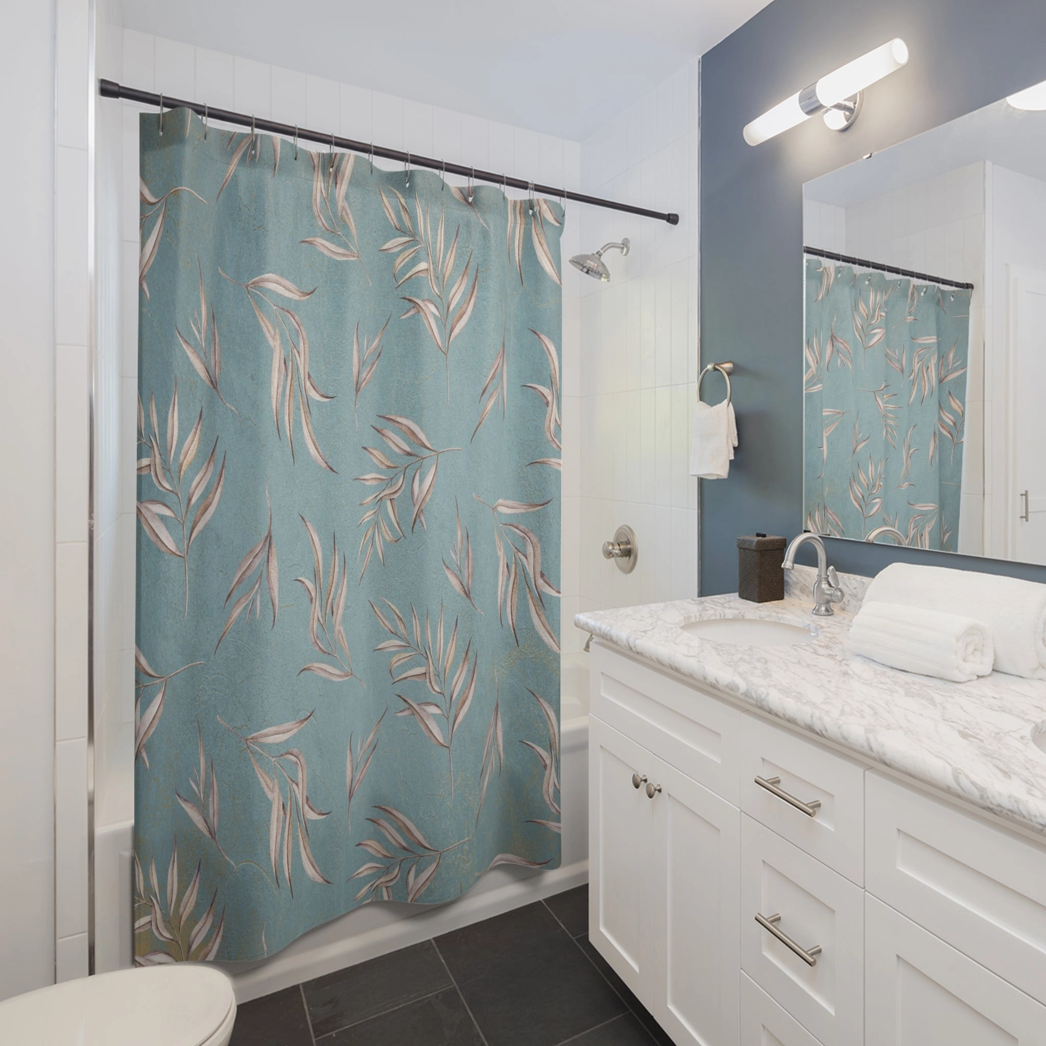 Boho Shower Curtain | Vintage Blue, Beige Leaves