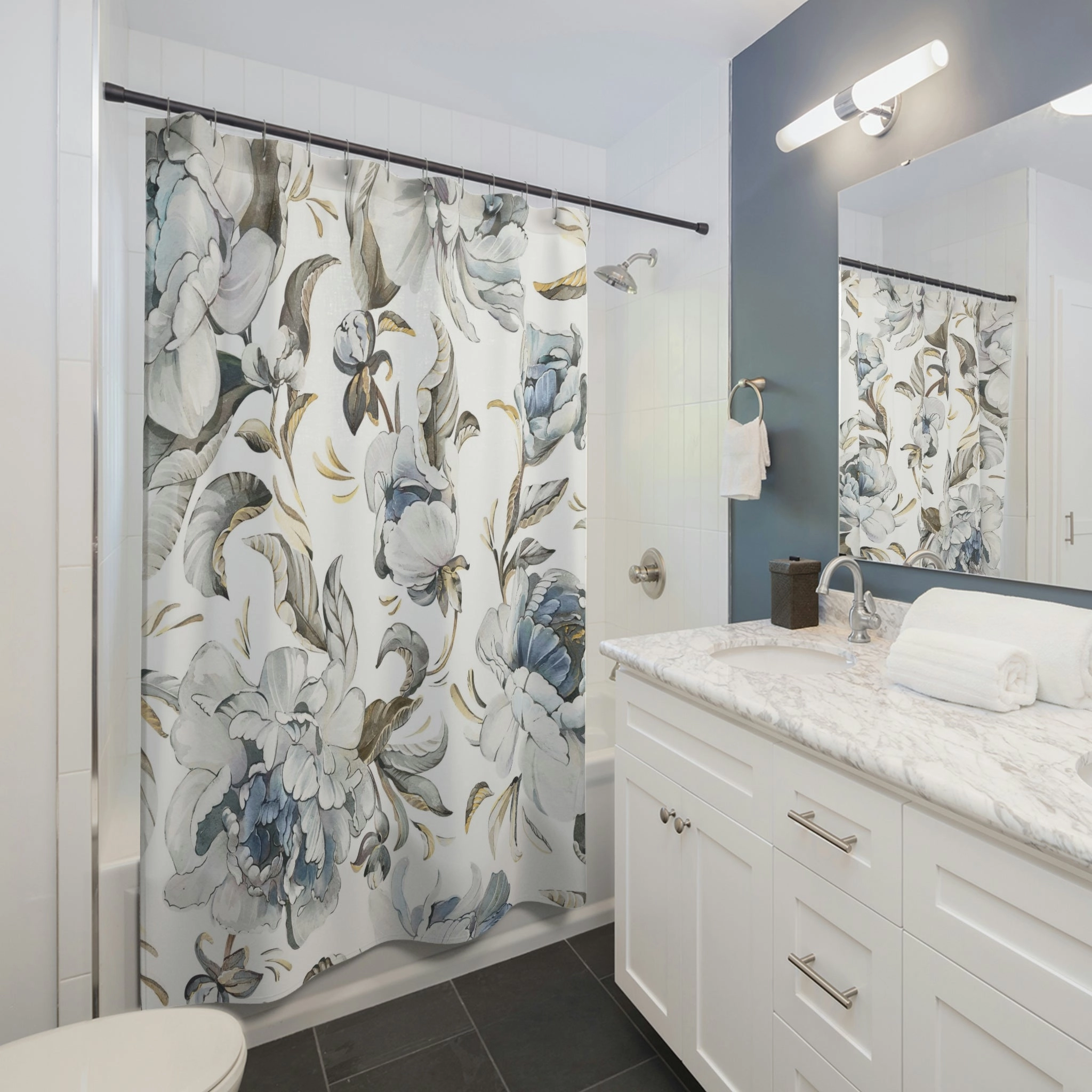 boho shower curtain | White Blue Beige Peonies Floral