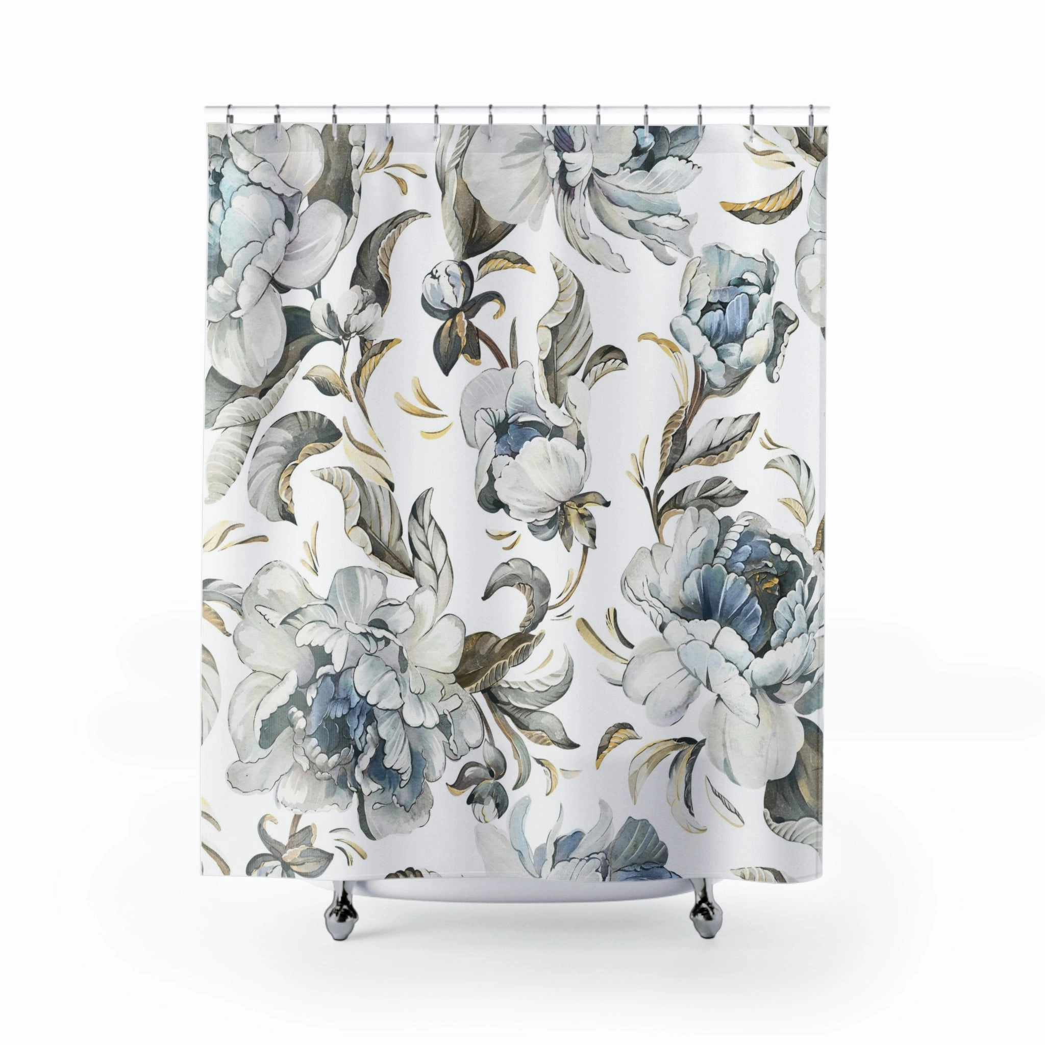 boho shower curtain | White Blue Beige Peonies Floral Lighting,Home Lighting