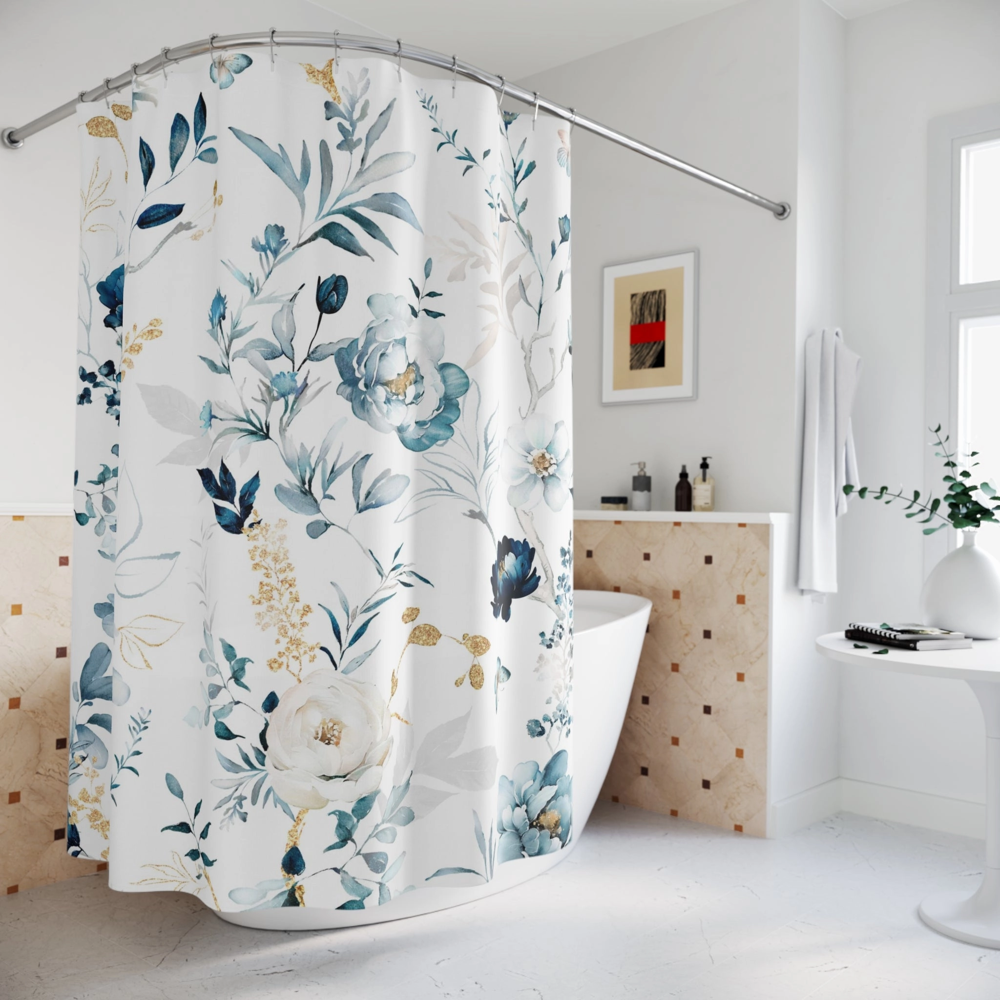 Boho Shower Curtain | White Navy, Pale Blue, Beige
