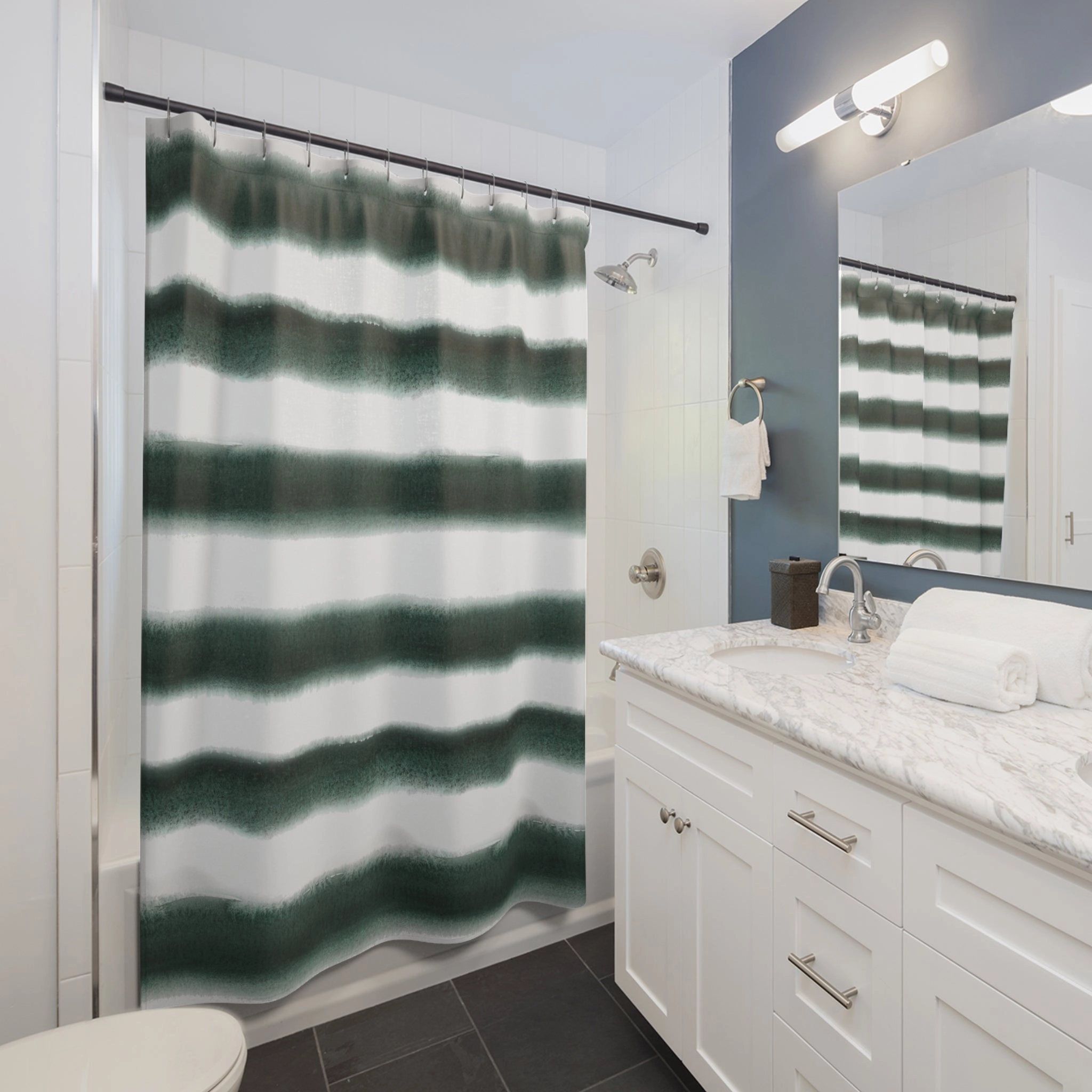 Boho Shower Curtain | White Sage Green Boho Watercolor Stripes